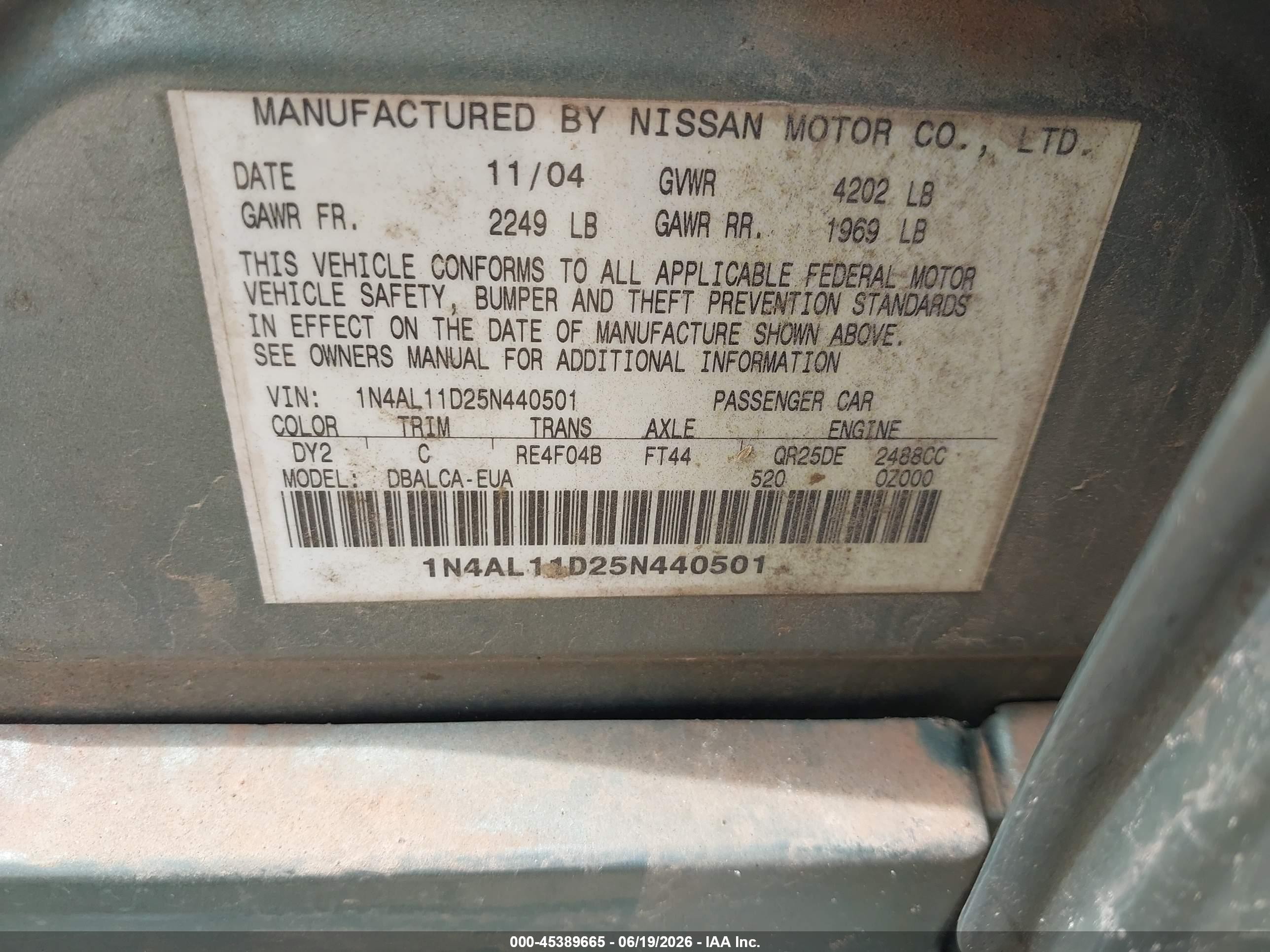 2005 Nissan Altima 2.5 S Green vin: 1N4AL11D25N440501