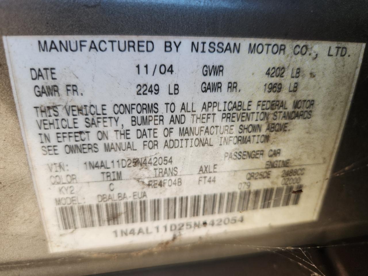 2005 Nissan Altima 2.5 Желто-коричневый vin: 1N4AL11D25N442054