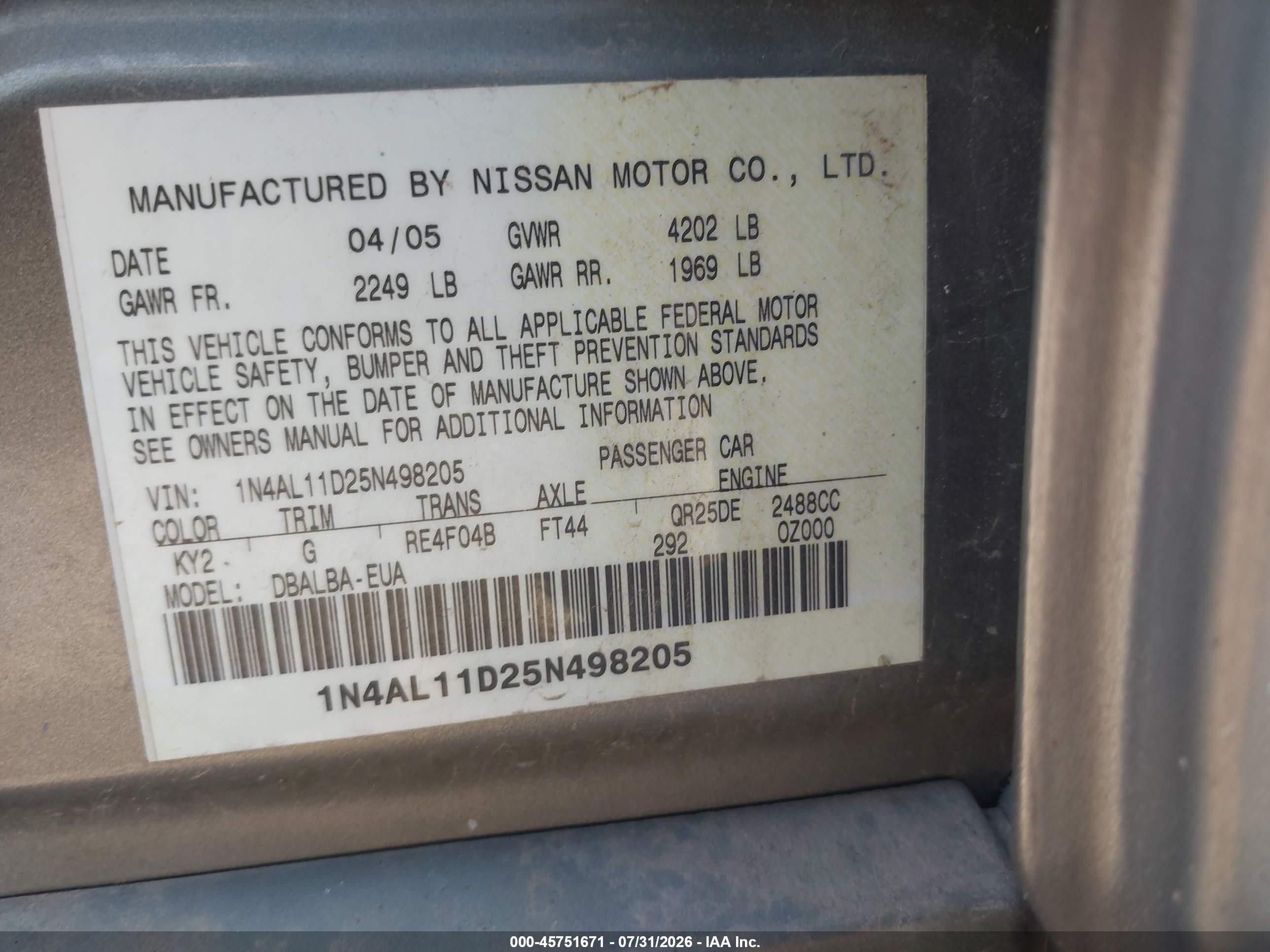 2005 Nissan Altima 2.5 S Gold vin: 1N4AL11D25N498205