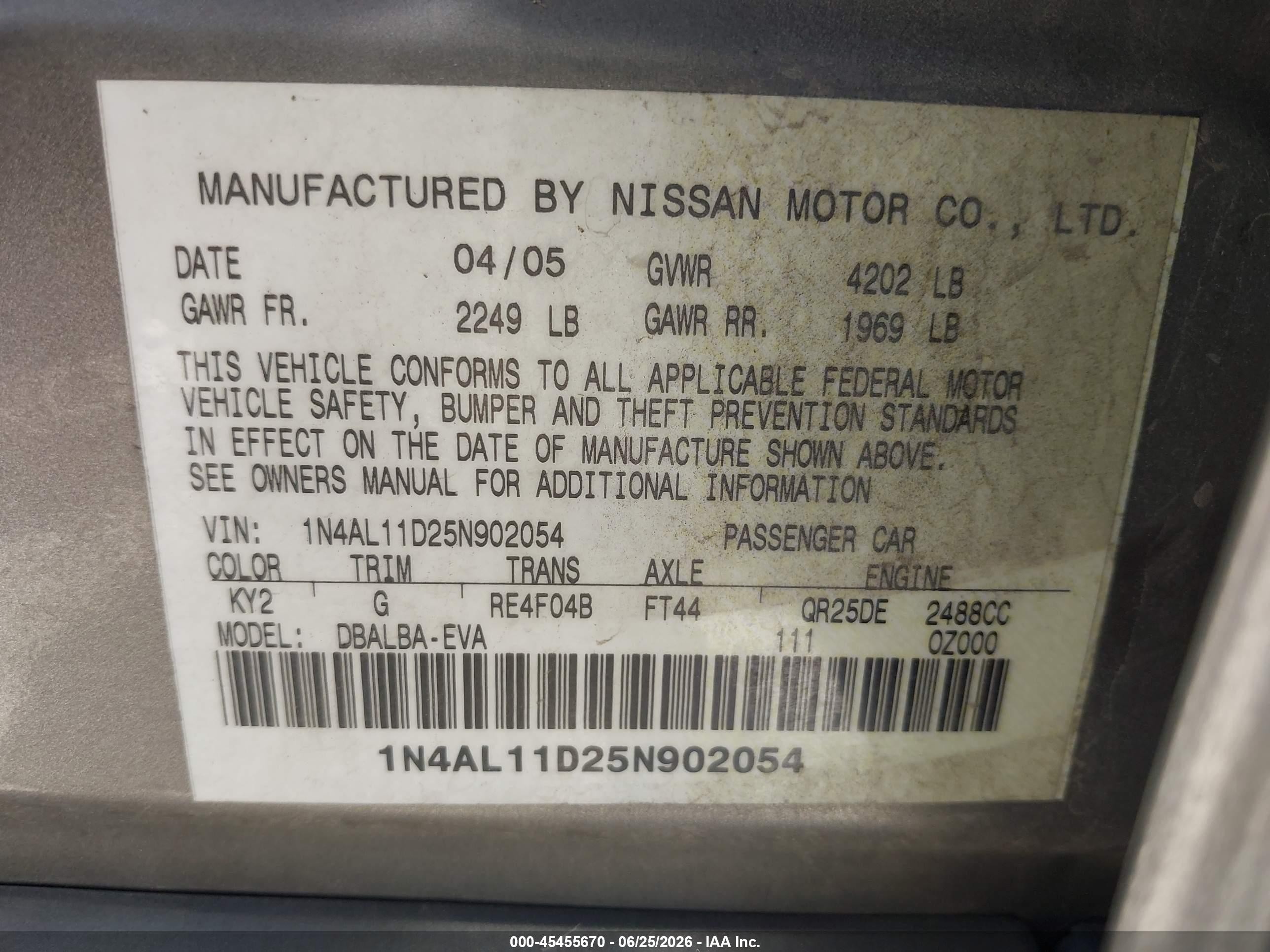 2005 Nissan Altima 2.5 S Gray vin: 1N4AL11D25N902054