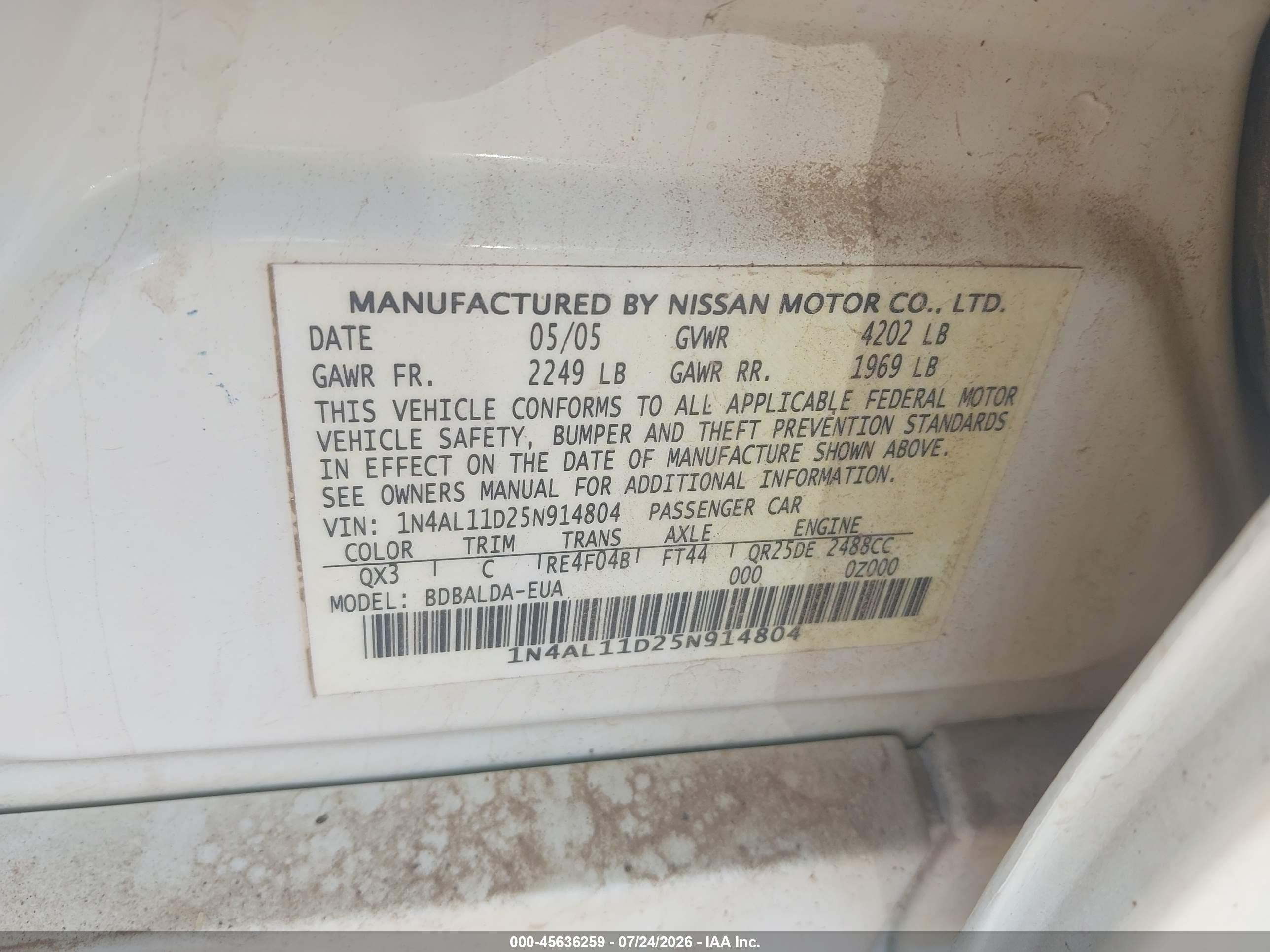 2005 Nissan Altima 2.5 S White vin: 1N4AL11D25N914804