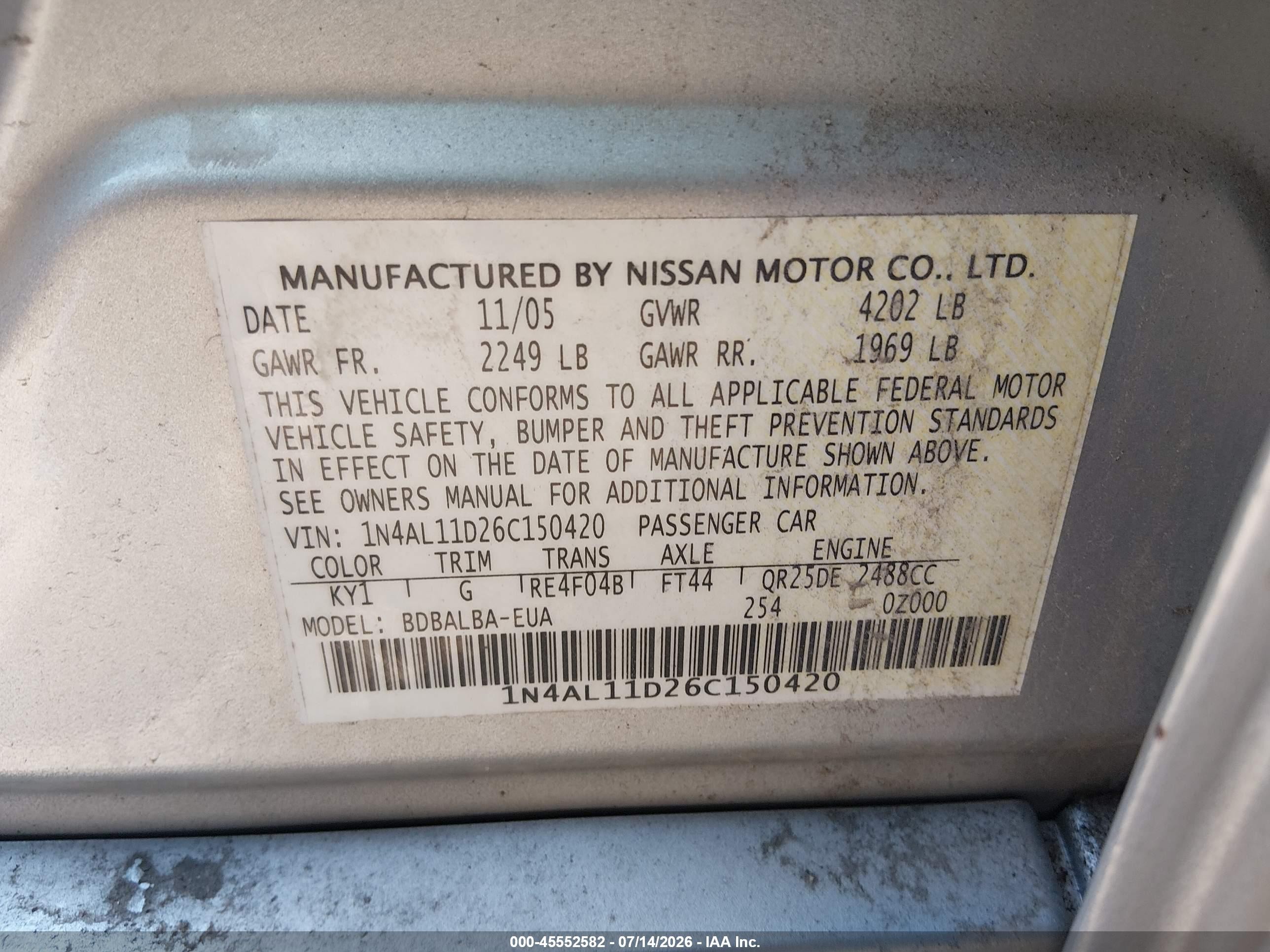 2006 Nissan Altima 2.5 S Silver vin: 1N4AL11D26C150420