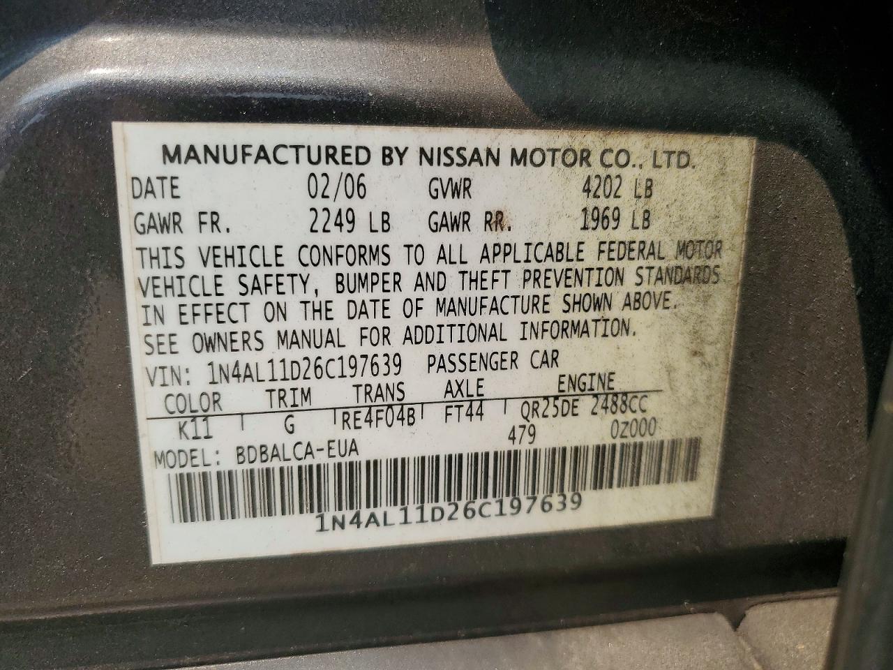 2006 Nissan Altima 2.5 Gray vin: 1N4AL11D26C197639