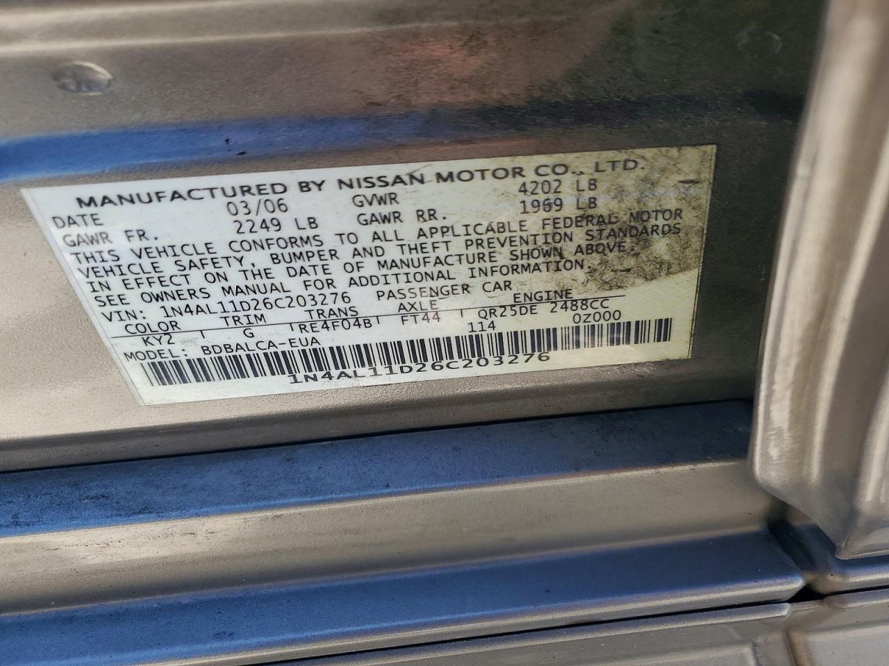2006 Nissan Altima 2.5 Gray vin: 1N4AL11D26C203276