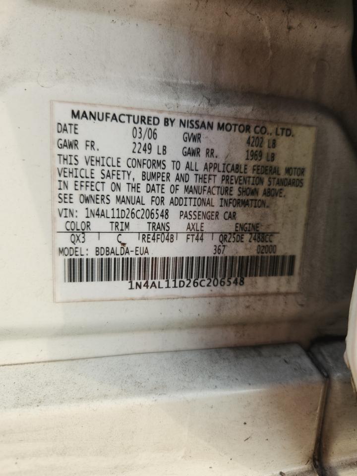 2006 Nissan Altima 2.5 White vin: 1N4AL11D26C206548