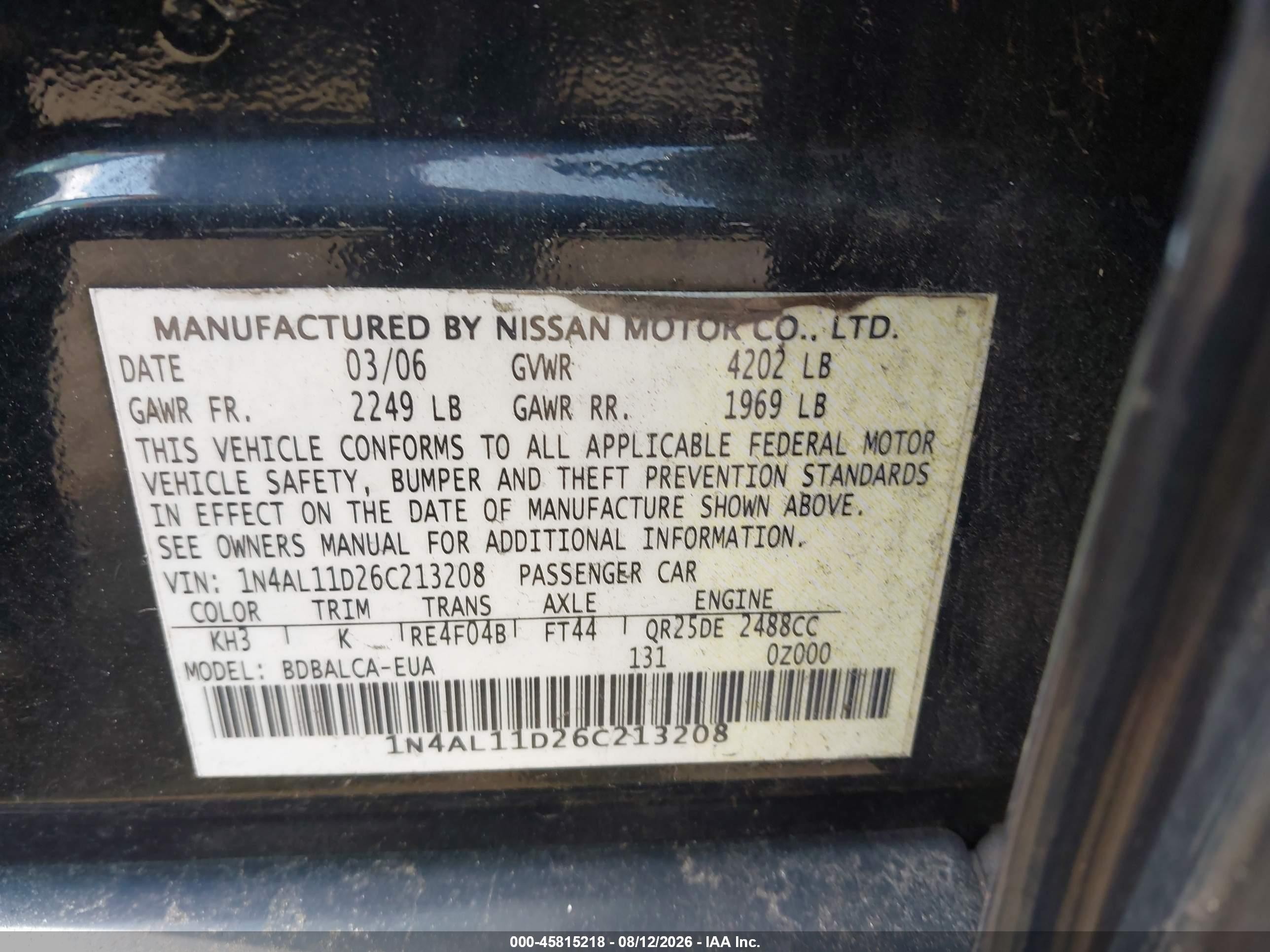 2006 Nissan Altima 2.5 S Black vin: 1N4AL11D26C213208