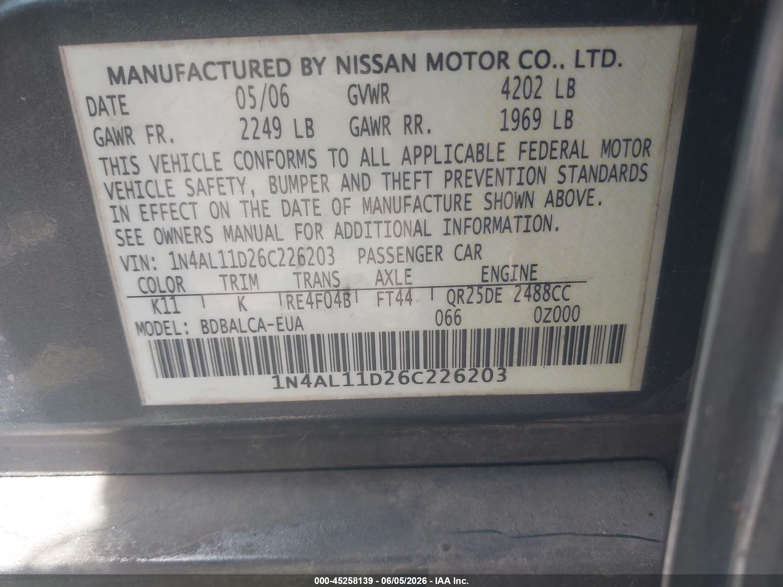 2006 Nissan Altima 2.5 S Gray vin: 1N4AL11D26C226203