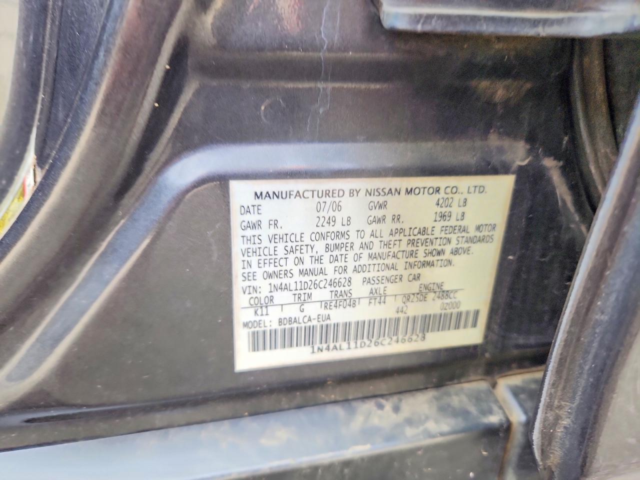 2006 Nissan Altima 2.5 Gray vin: 1N4AL11D26C246628