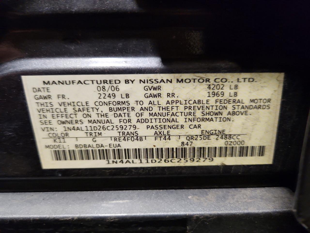 2006 Nissan Altima 2.5 Gray vin: 1N4AL11D26C259279