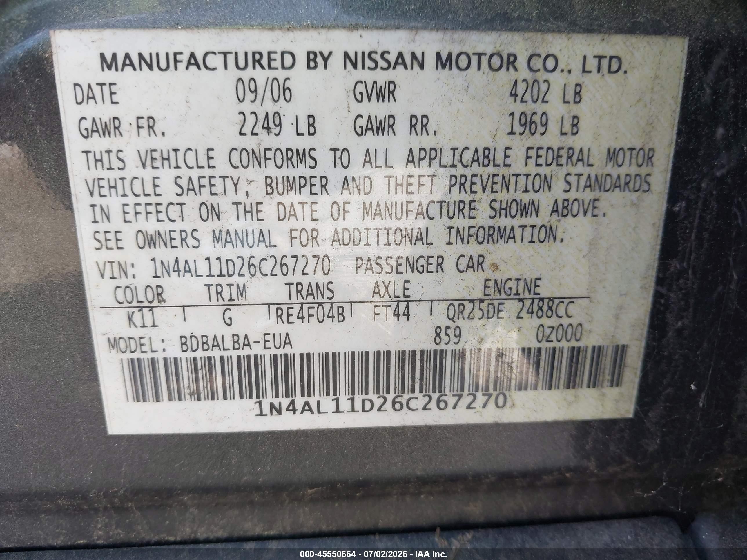 2006 Nissan Altima 2.5 S Gray vin: 1N4AL11D26C267270