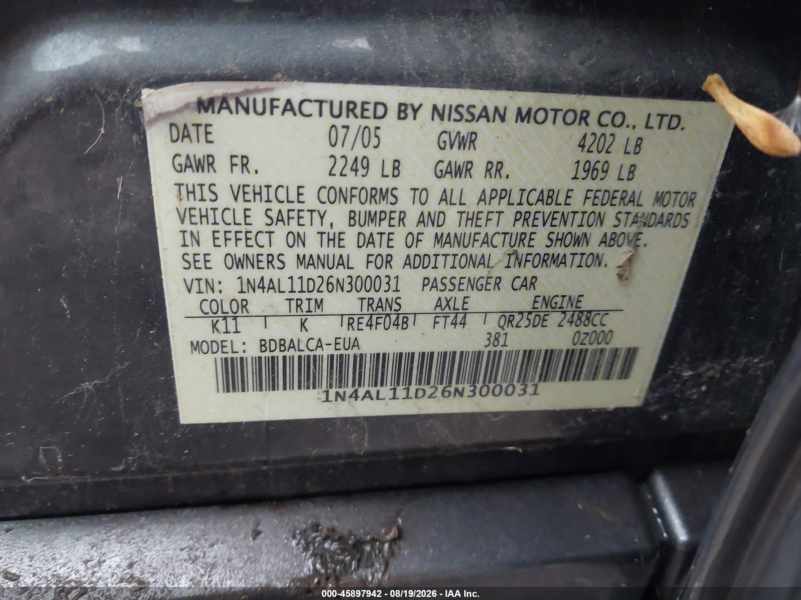 2006 Nissan Altima 2.5 S Gray vin: 1N4AL11D26N300031