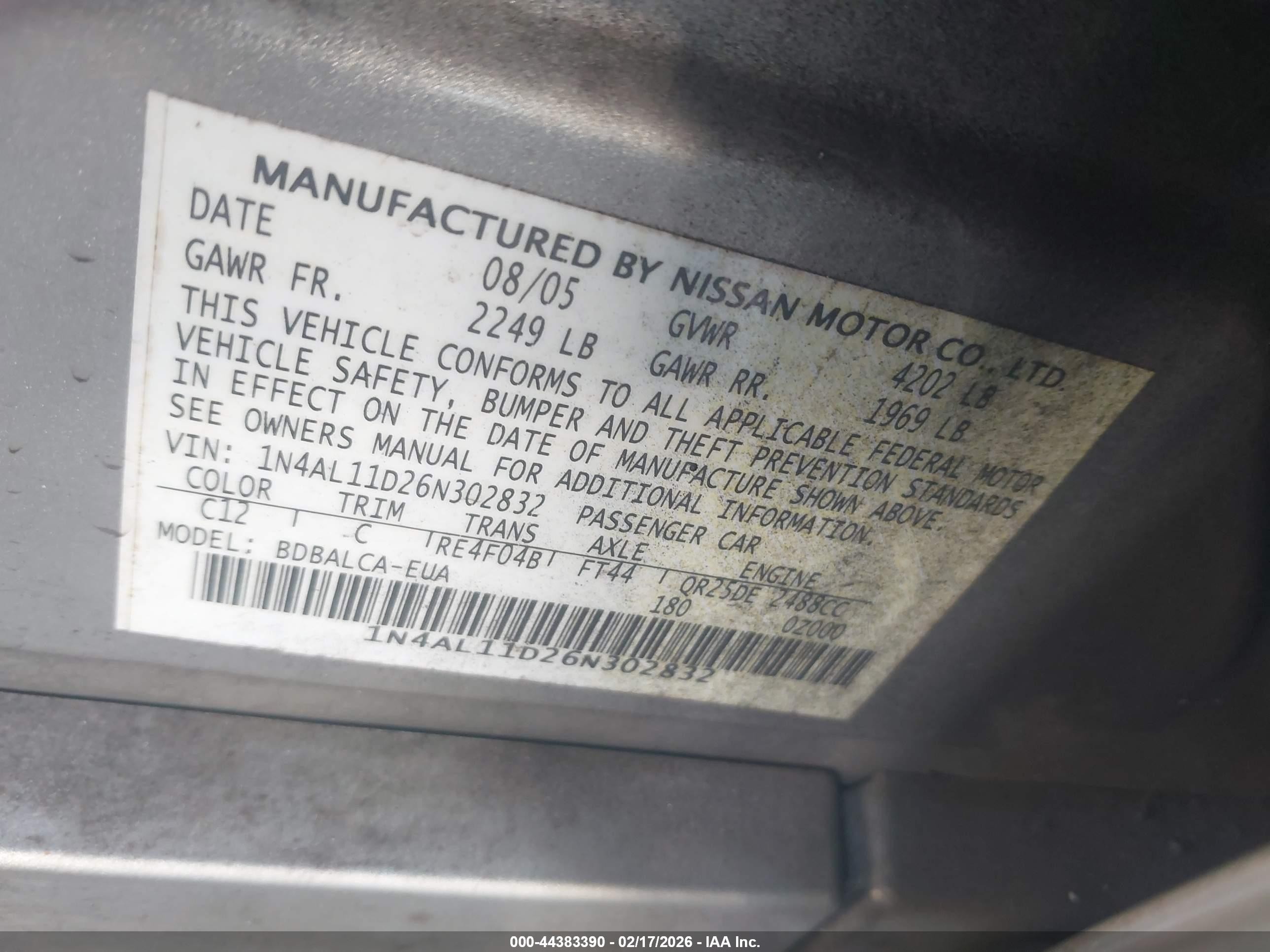 2006 Nissan Altima 2.5 S Желто-коричневый vin: 1N4AL11D26N302832