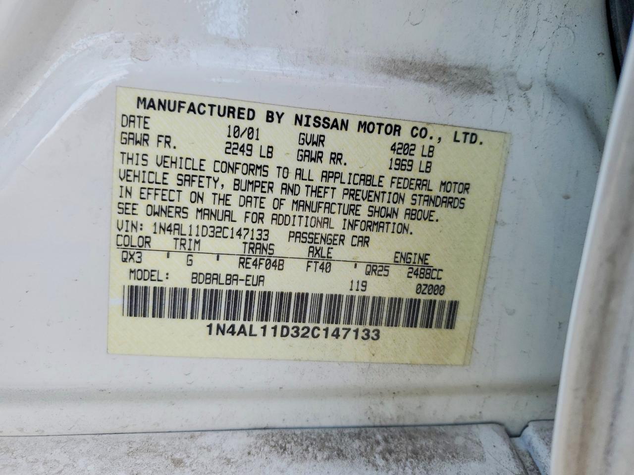 2002 Nissan Altima 2.5 White vin: 1N4AL11D32C147133