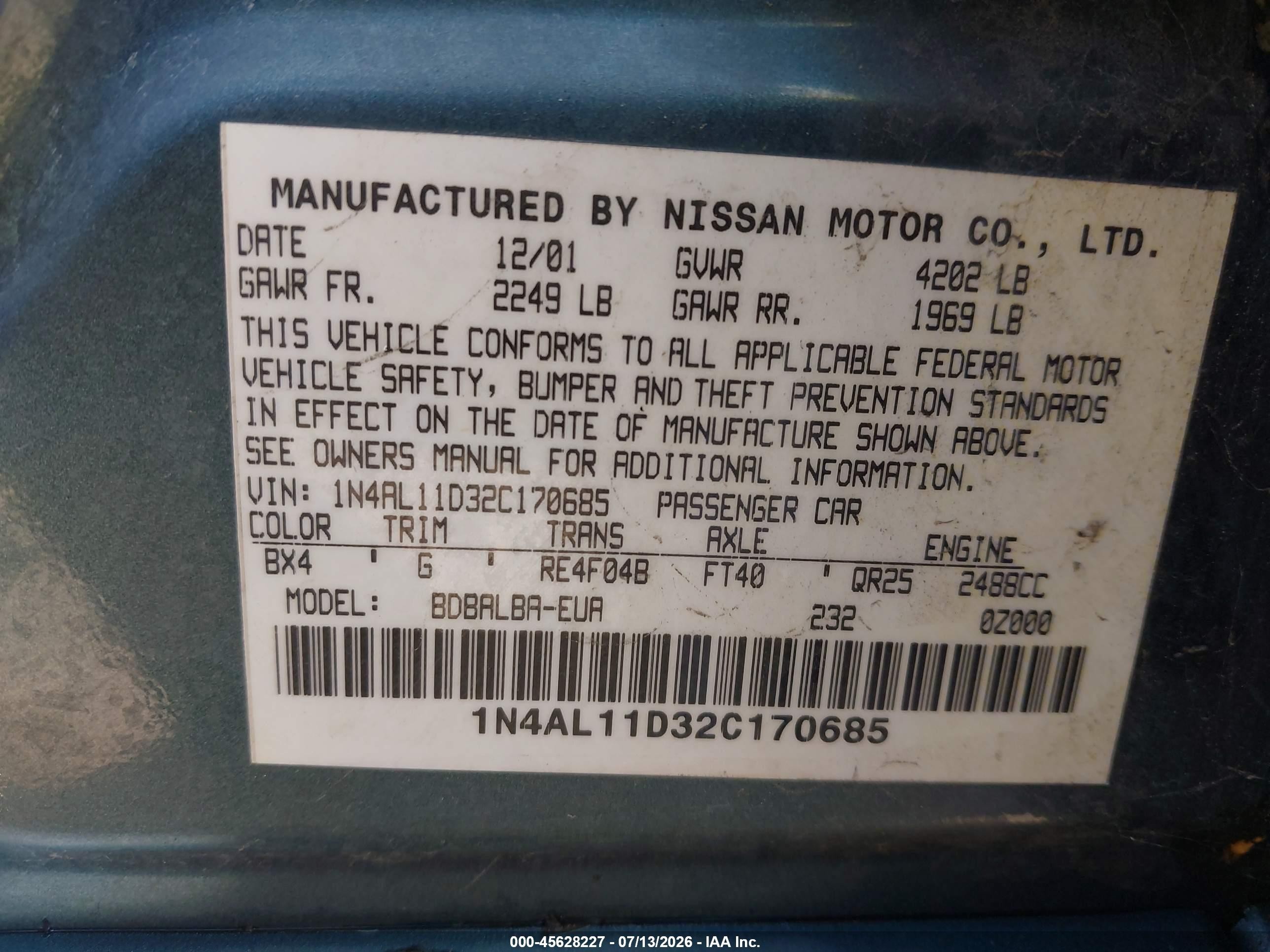 2002 Nissan Altima 2.5 S Light Blue vin: 1N4AL11D32C170685