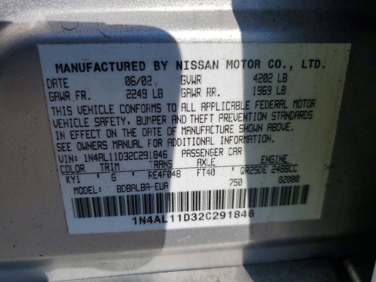 2002 Nissan Altima 2.5 Silver vin: 1N4AL11D32C291846