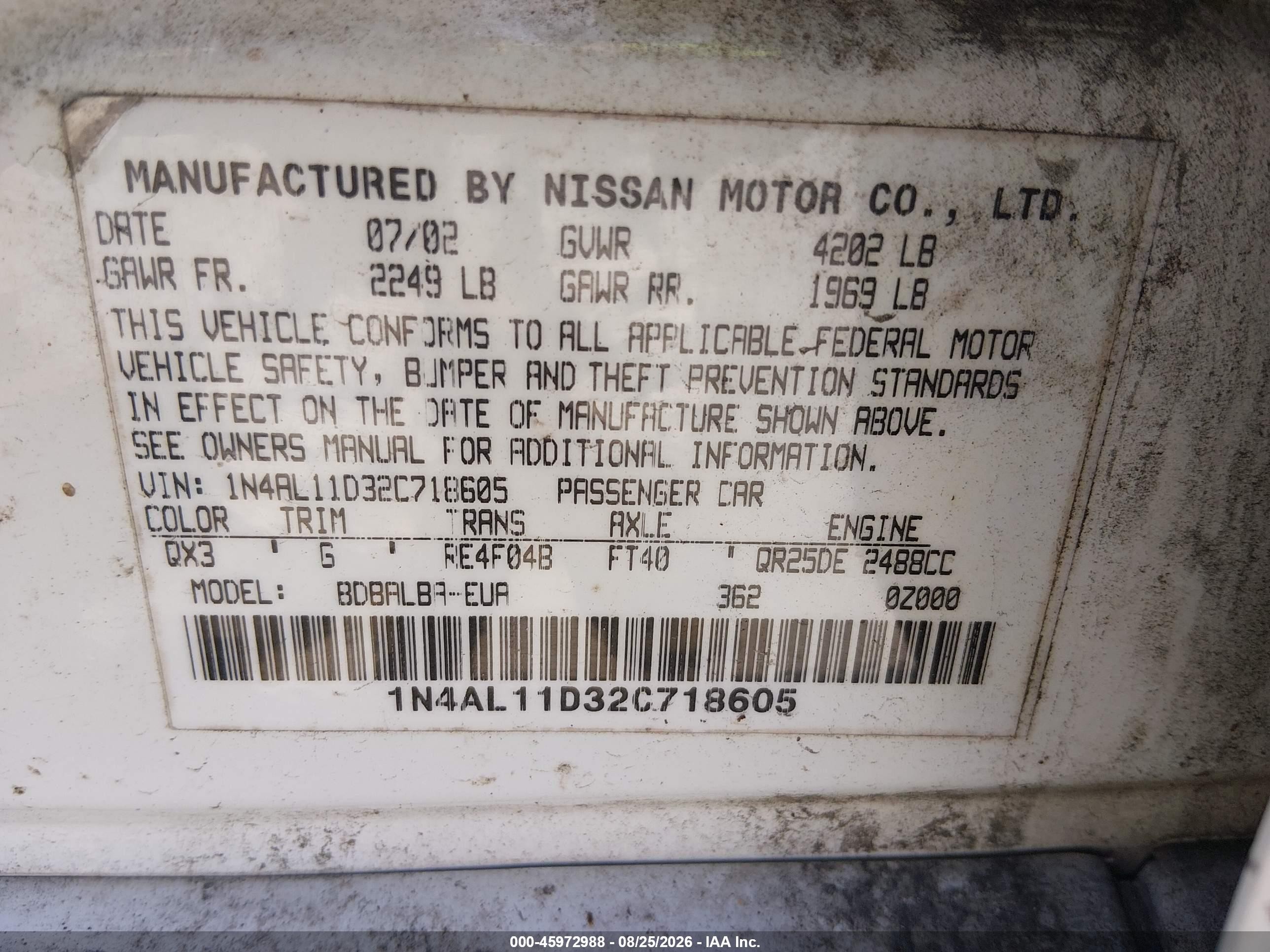 2002 Nissan Altima 2.5 S White vin: 1N4AL11D32C718605