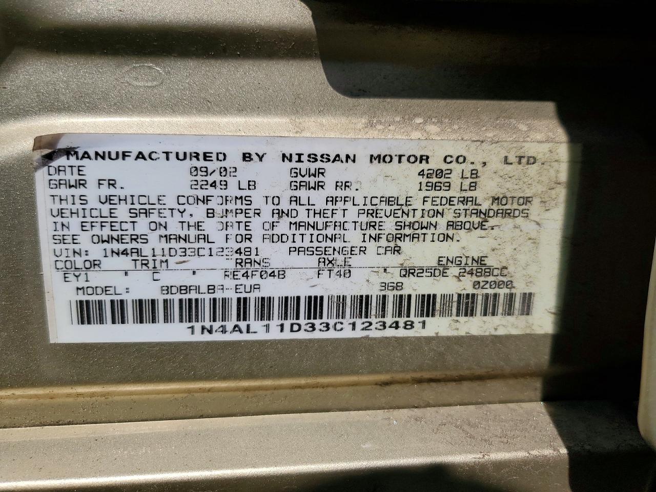 2003 Nissan Altima 2.5 Золотой vin: 1N4AL11D33C123481