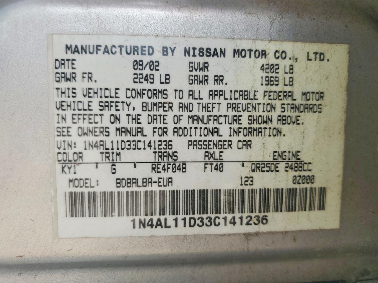 2003 Nissan Altima Серебряный vin: 1N4AL11D33C141236