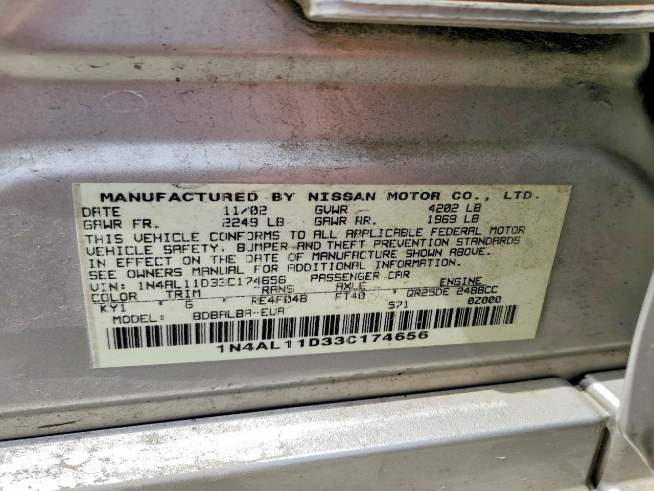 2003 Nissan Altima 2.5 Silver vin: 1N4AL11D33C174656
