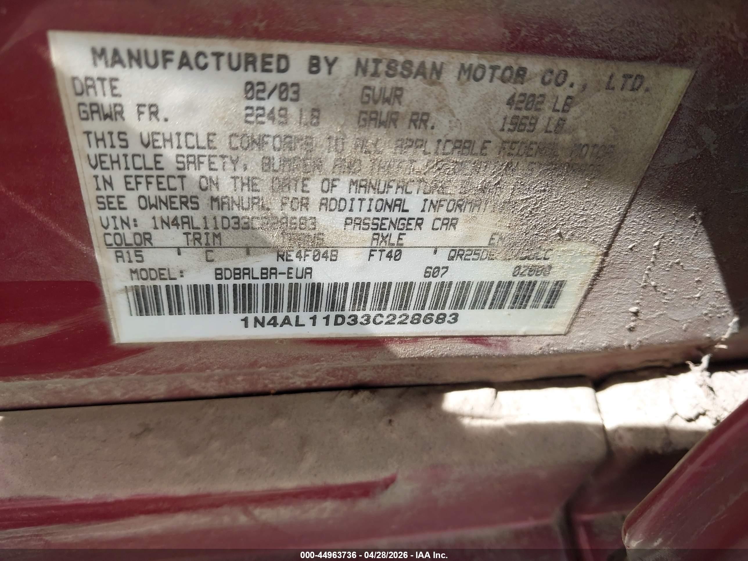 2003 Nissan Altima 2.5 S Burgundy vin: 1N4AL11D33C228683