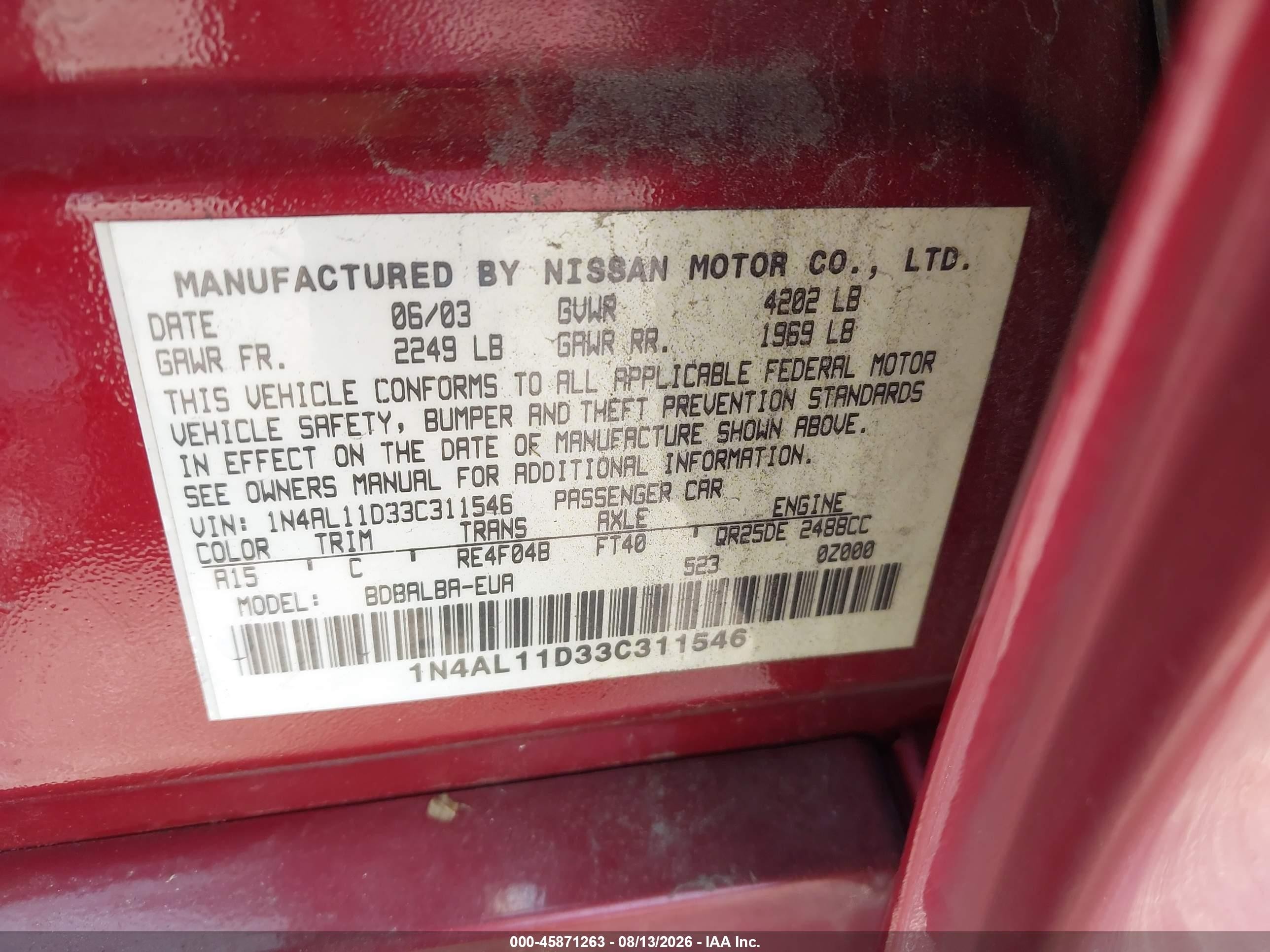 2003 Nissan Altima 2.5 S Red vin: 1N4AL11D33C311546