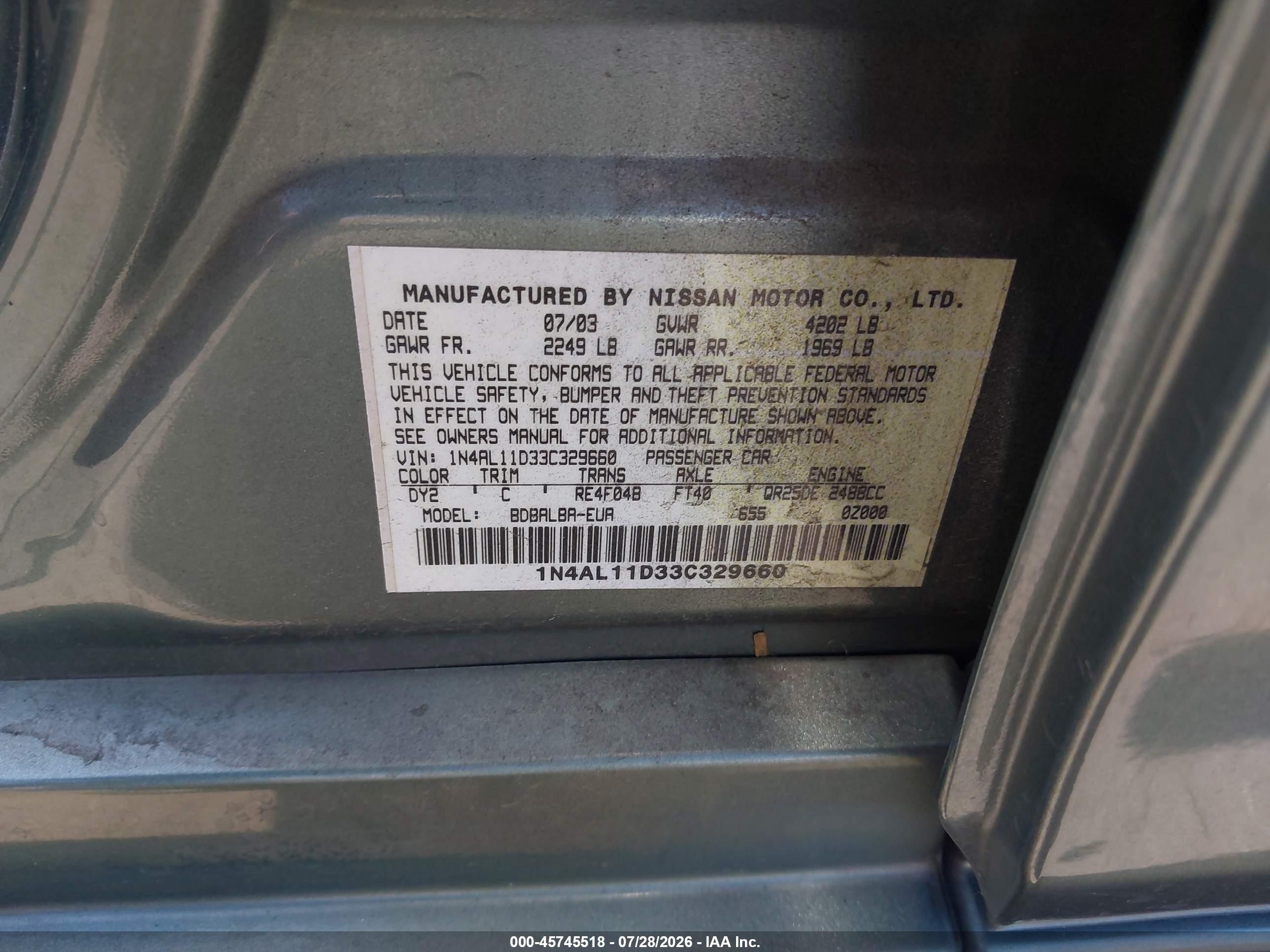 2003 Nissan Altima 2.5 S Green vin: 1N4AL11D33C329660