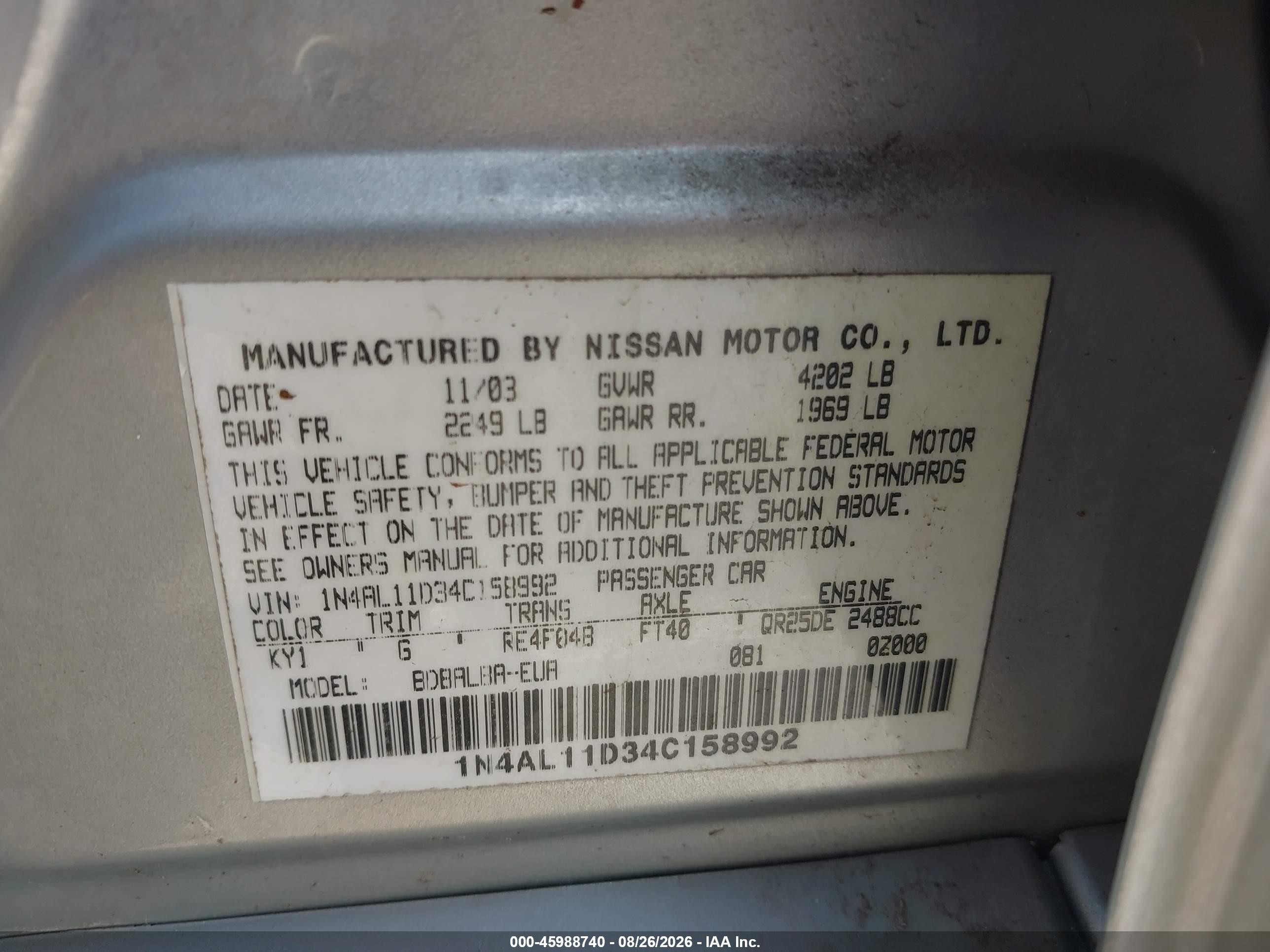 2004 Nissan Altima 2.5 S Silver vin: 1N4AL11D34C158992