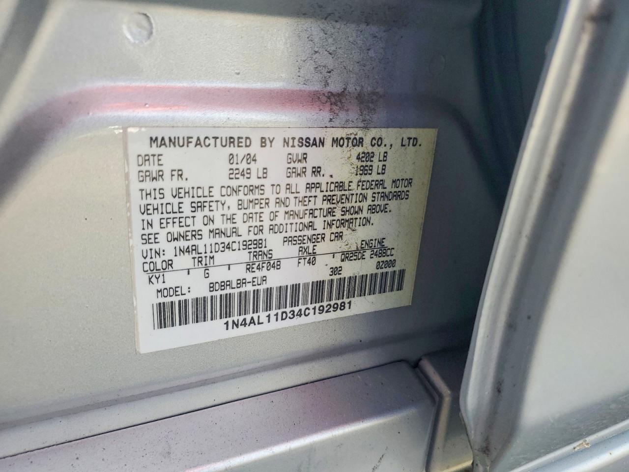 2004 Nissan Altima 2.5 Silver vin: 1N4AL11D34C192981