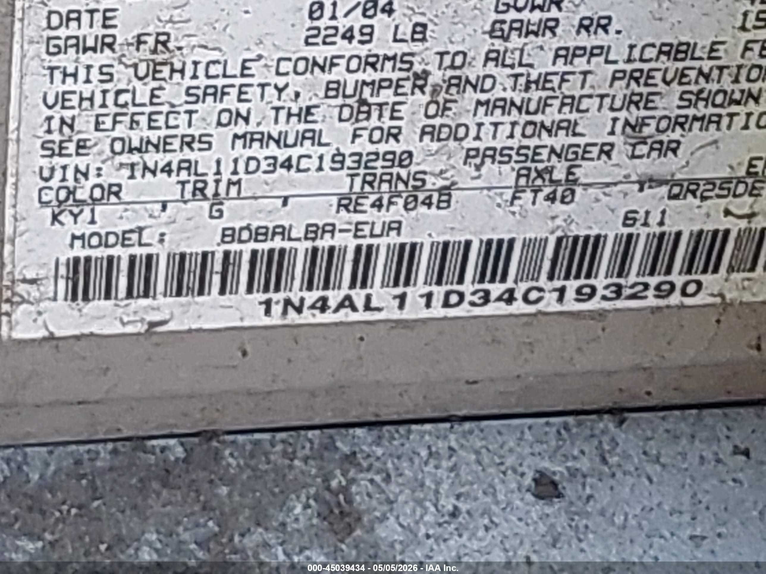 2004 Nissan Altima 2.5 S Gray vin: 1N4AL11D34C193290