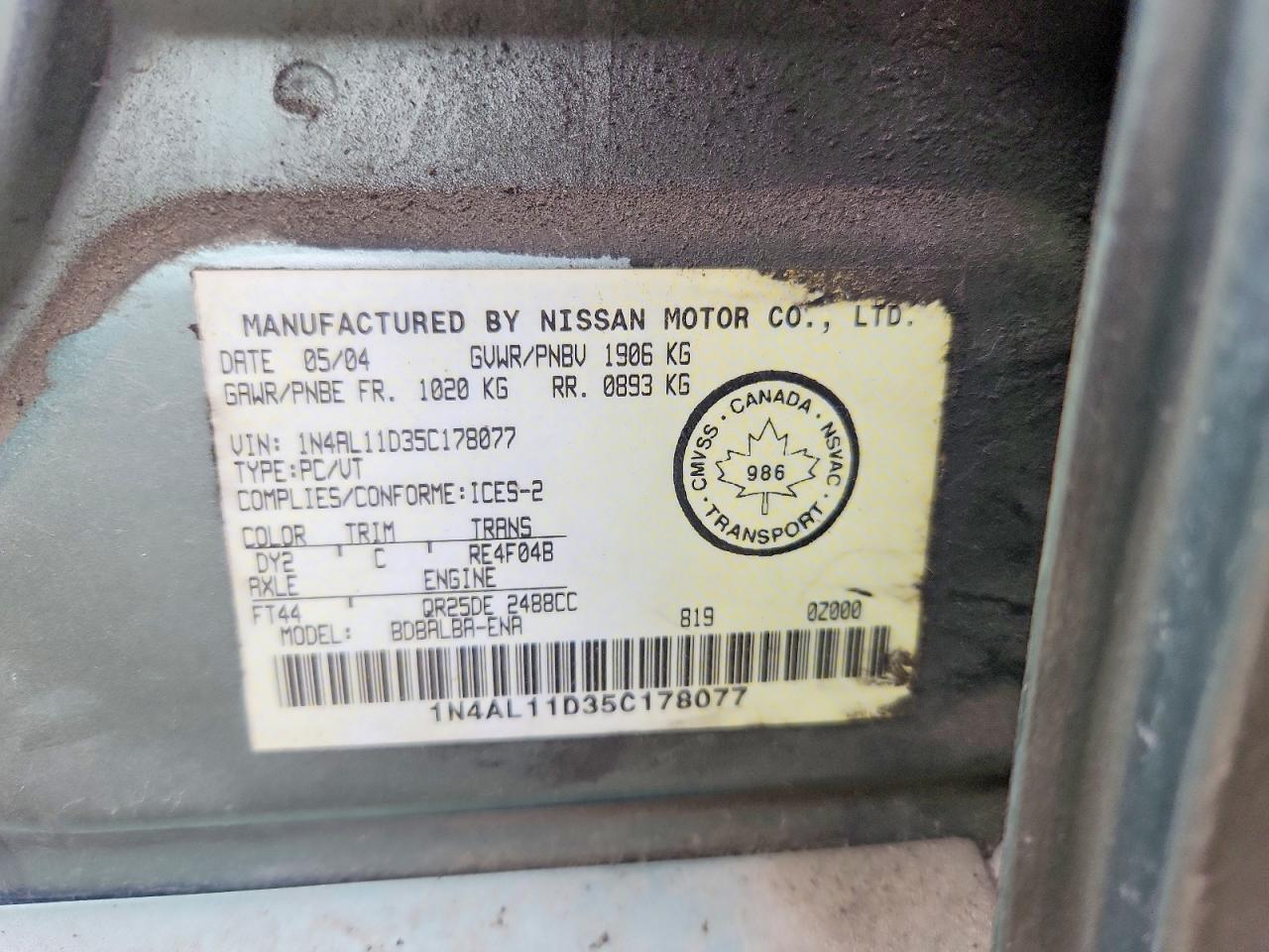 2005 Nissan Altima 2.5 Green vin: 1N4AL11D35C178077