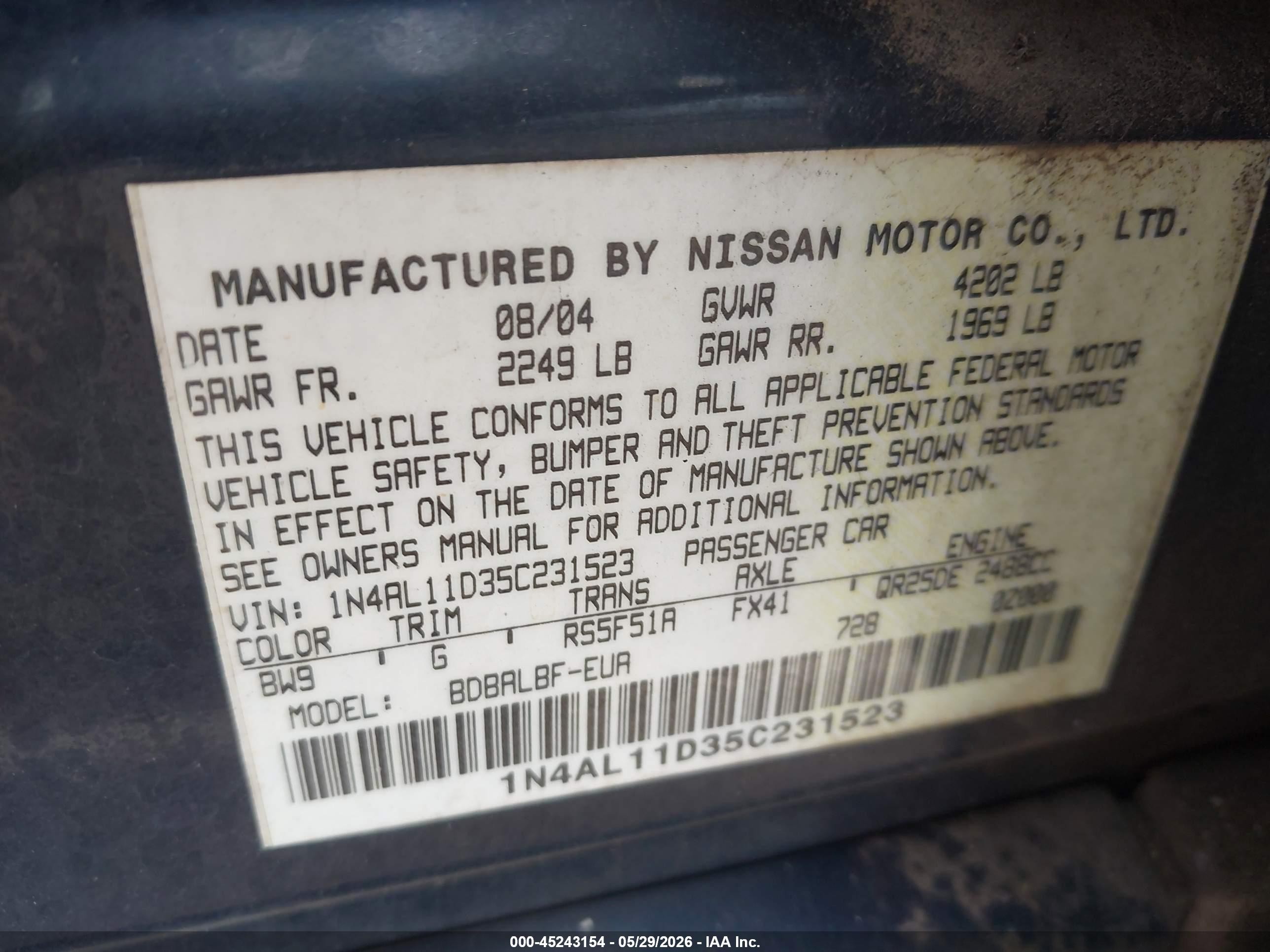 2005 Nissan Altima 2.5 S Blue vin: 1N4AL11D35C231523