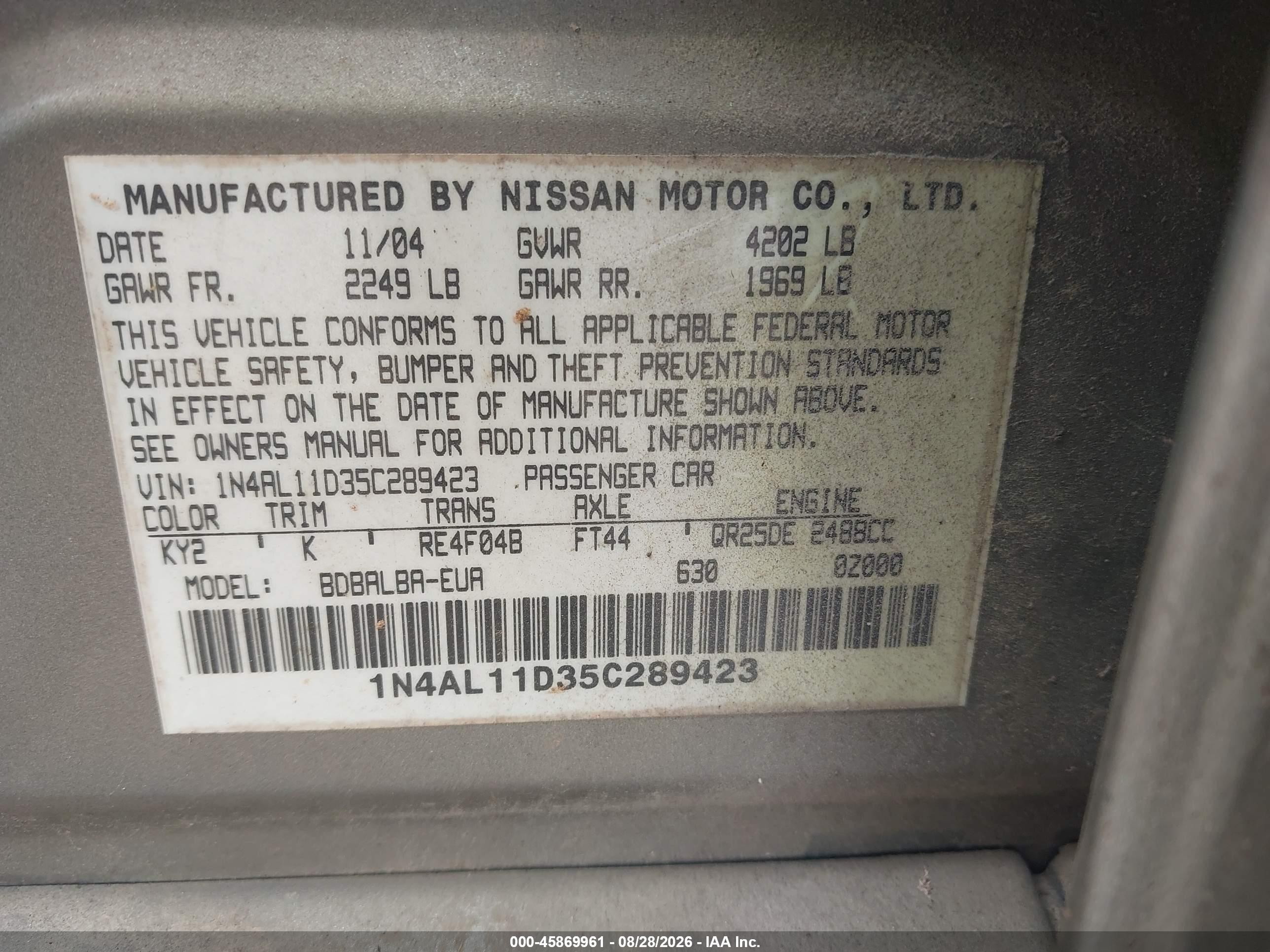 2005 Nissan Altima 2.5 S Beige vin: 1N4AL11D35C289423