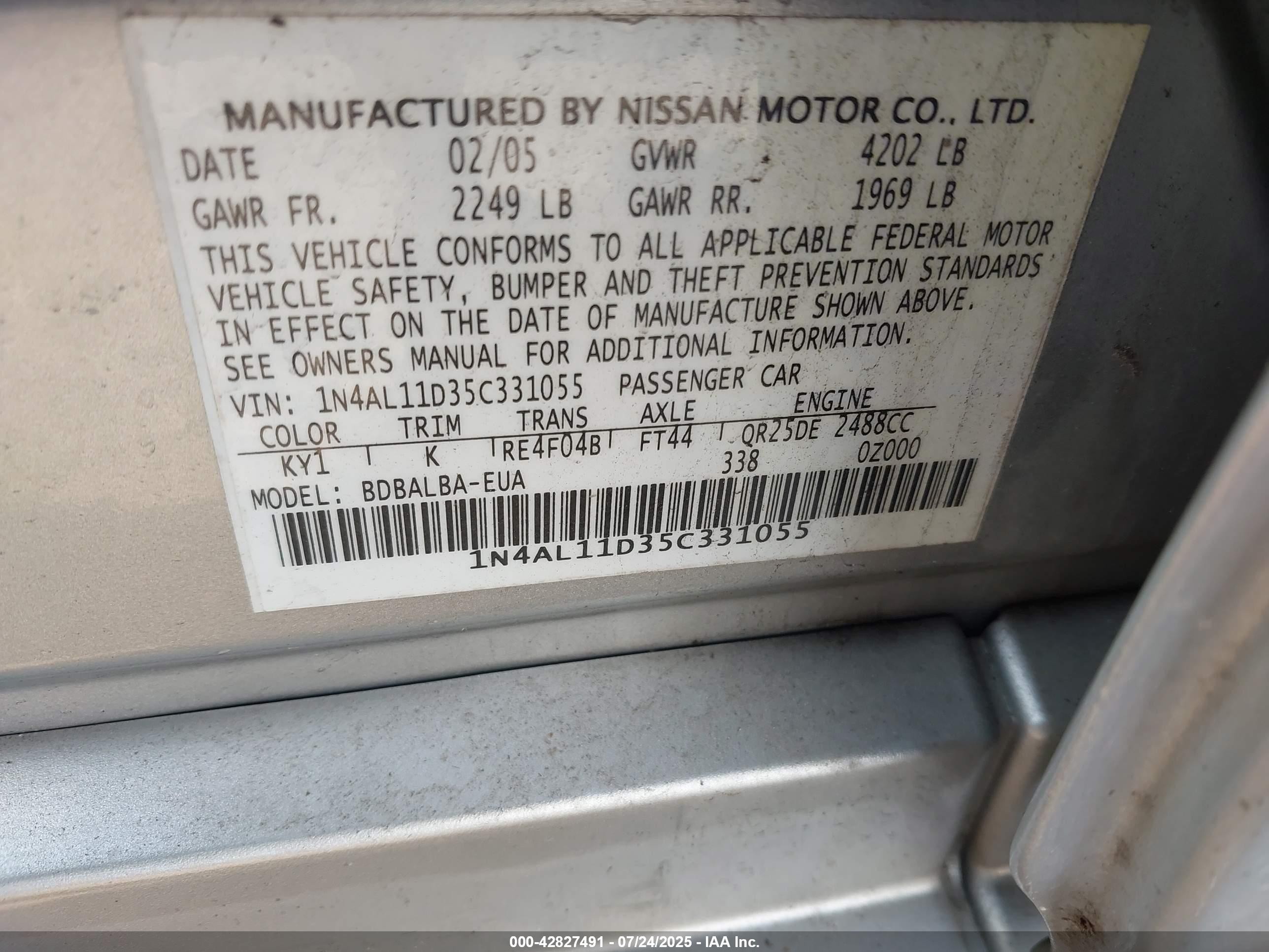 2005 Nissan Altima 2.5 S Gray vin: 1N4AL11D35C331055