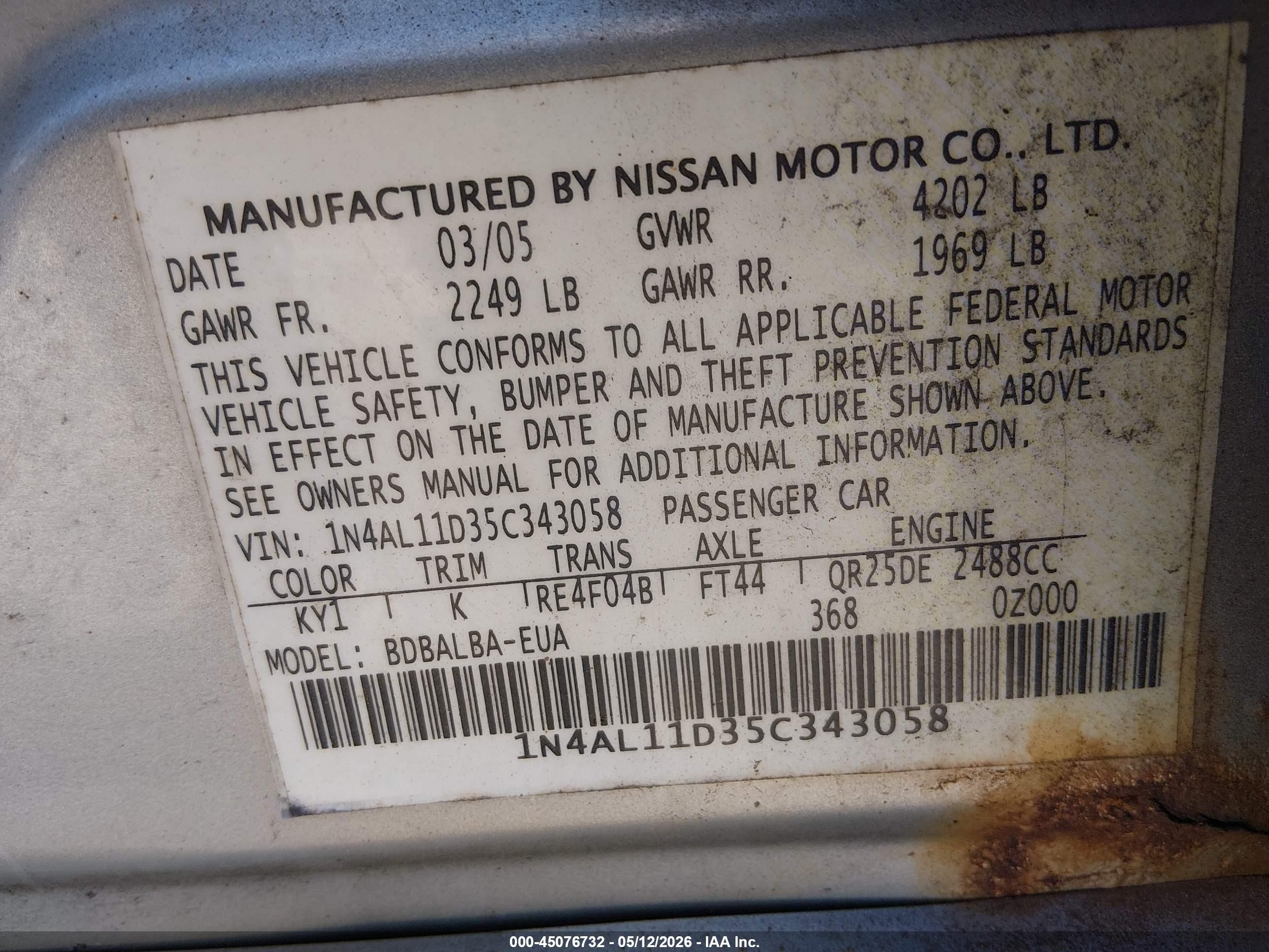 2005 Nissan Altima 2.5 S Silver vin: 1N4AL11D35C343058