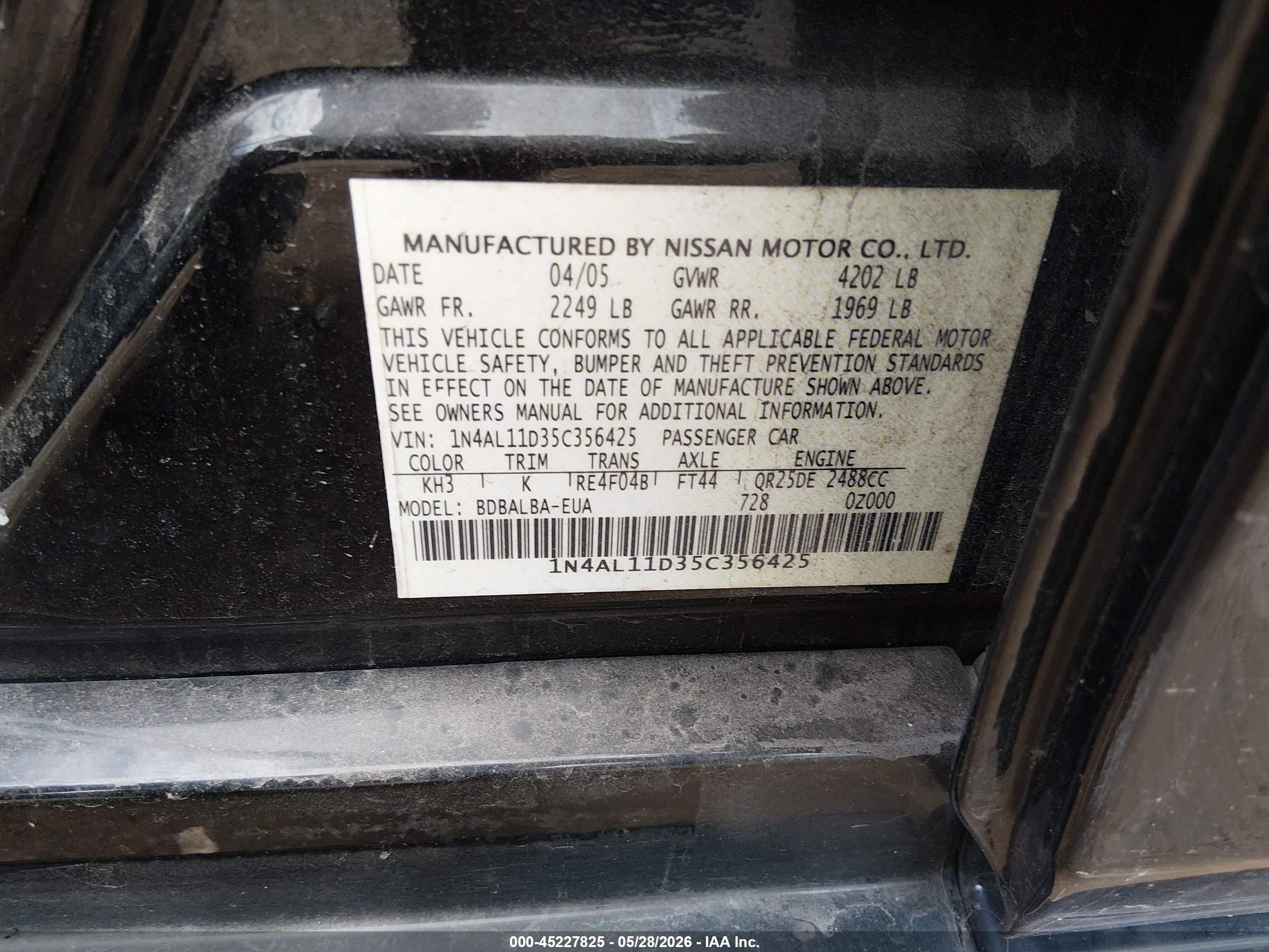 2005 Nissan Altima 2.5 S Черный vin: 1N4AL11D35C356425