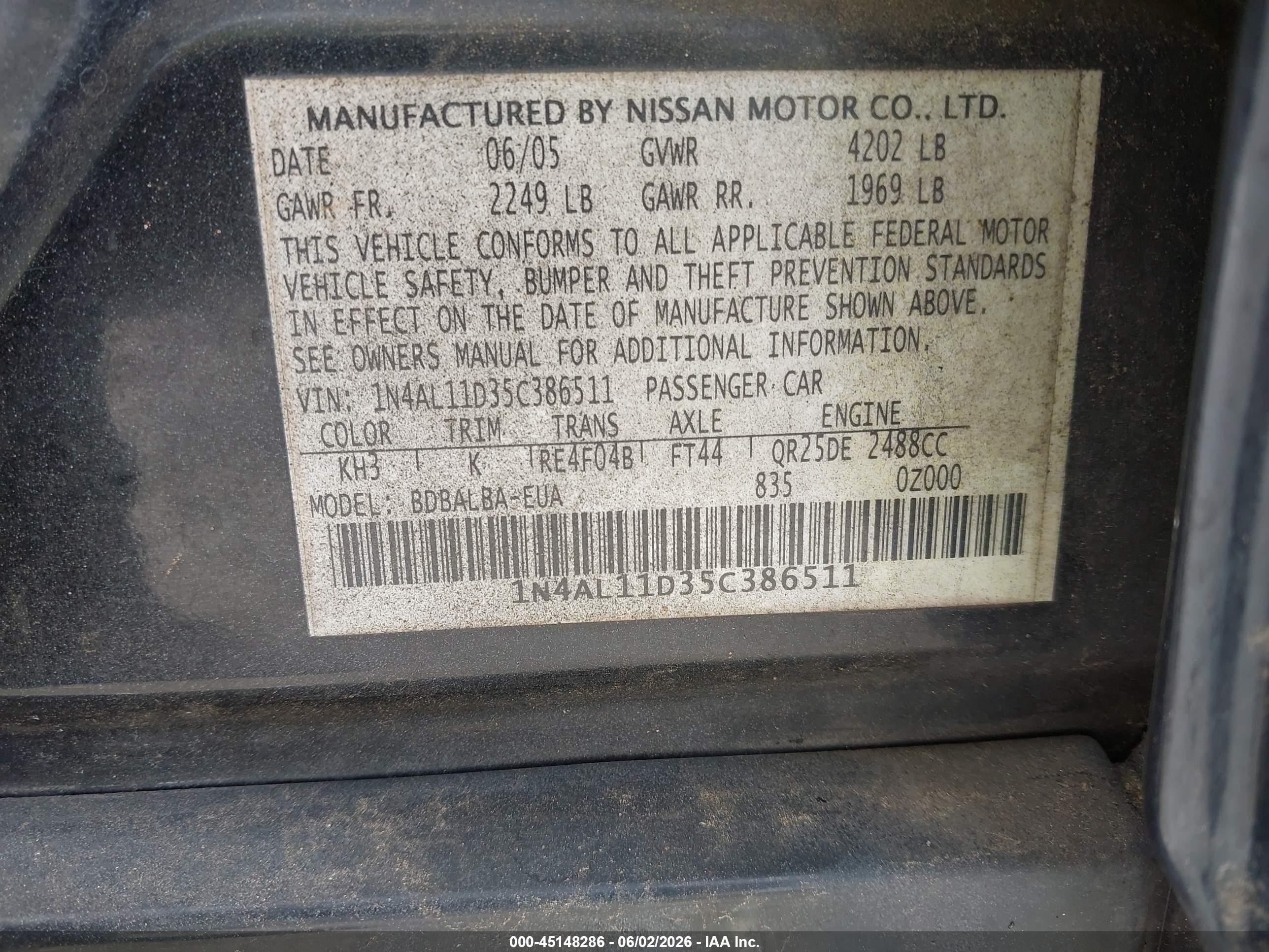 2005 Nissan Altima 2.5 S Black vin: 1N4AL11D35C386511