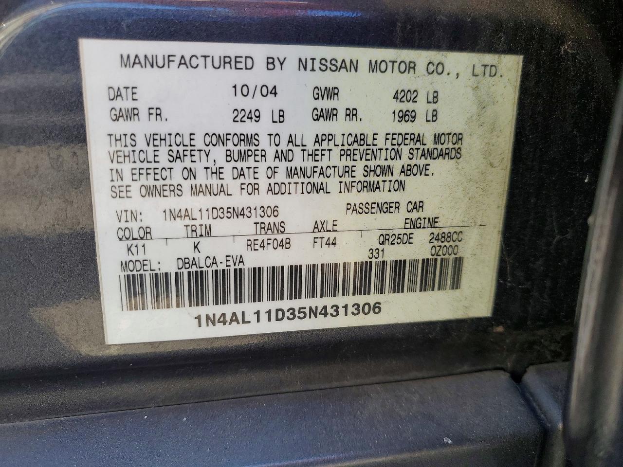 2005 Nissan Altima 2.5 Gray vin: 1N4AL11D35N431306