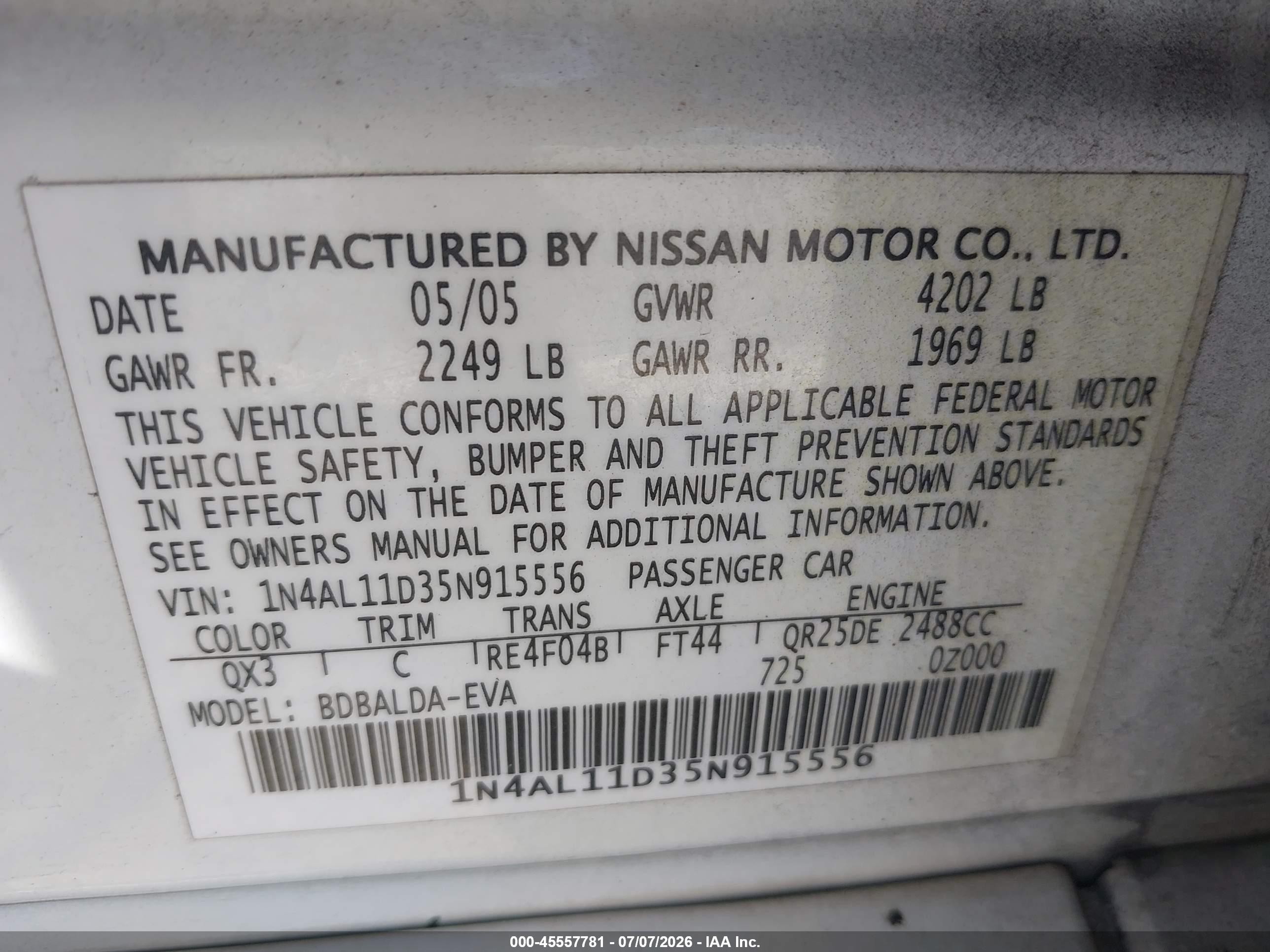 2005 Nissan Altima 2.5 S White vin: 1N4AL11D35N915556