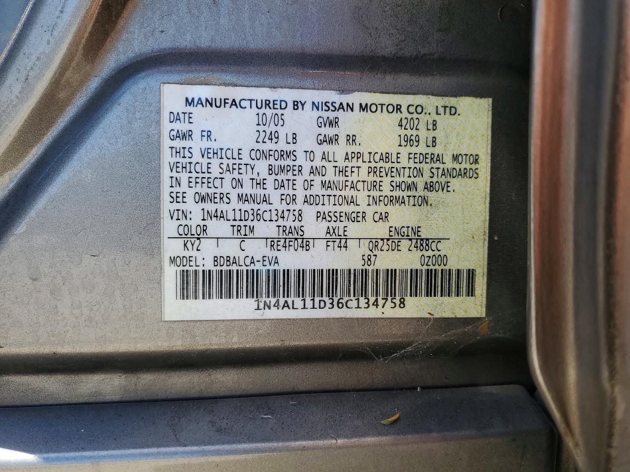 2006 Nissan Altima 2.5 Silver vin: 1N4AL11D36C134758