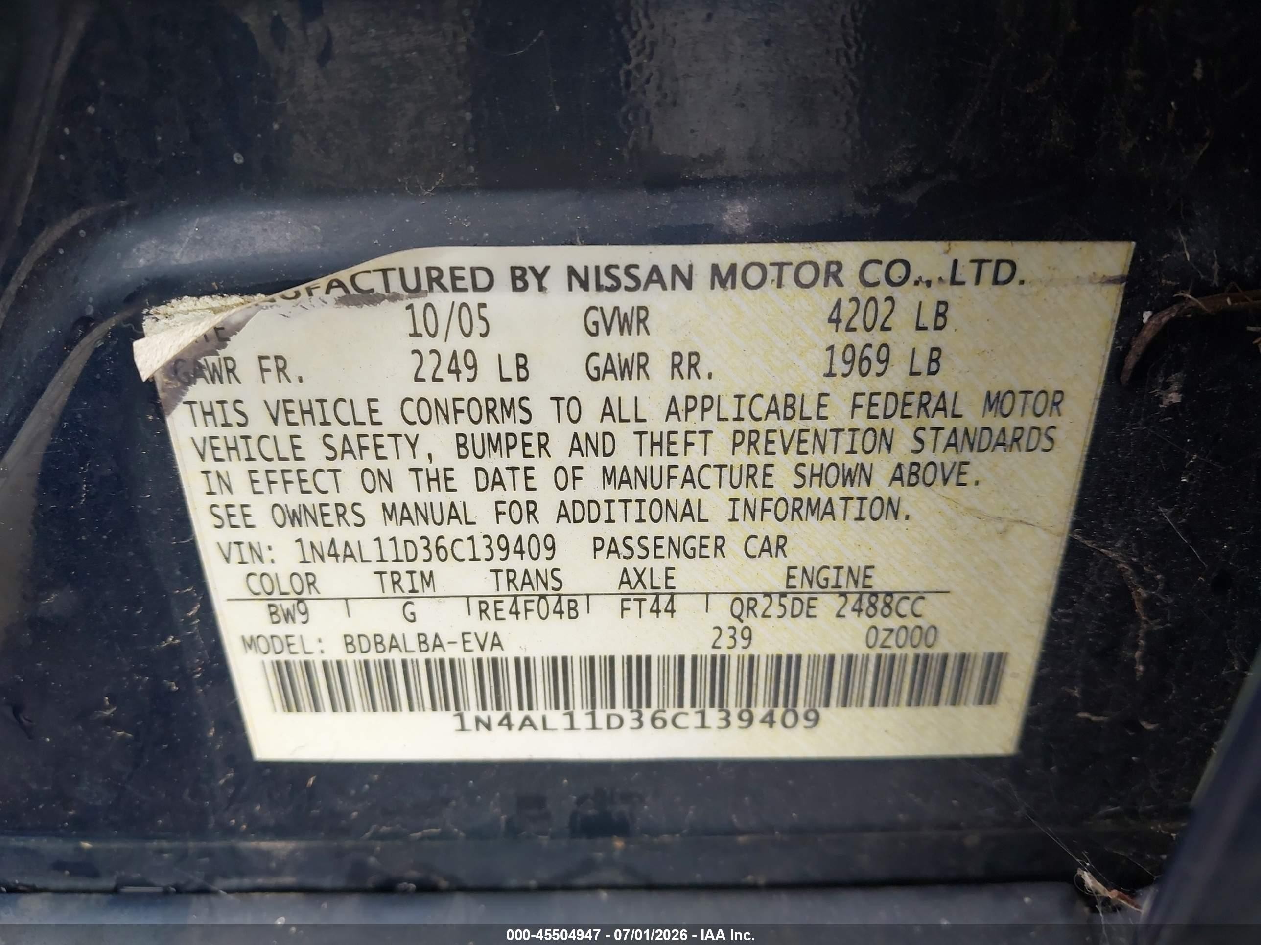 2006 Nissan Altima 2.5 S Dark Blue vin: 1N4AL11D36C139409