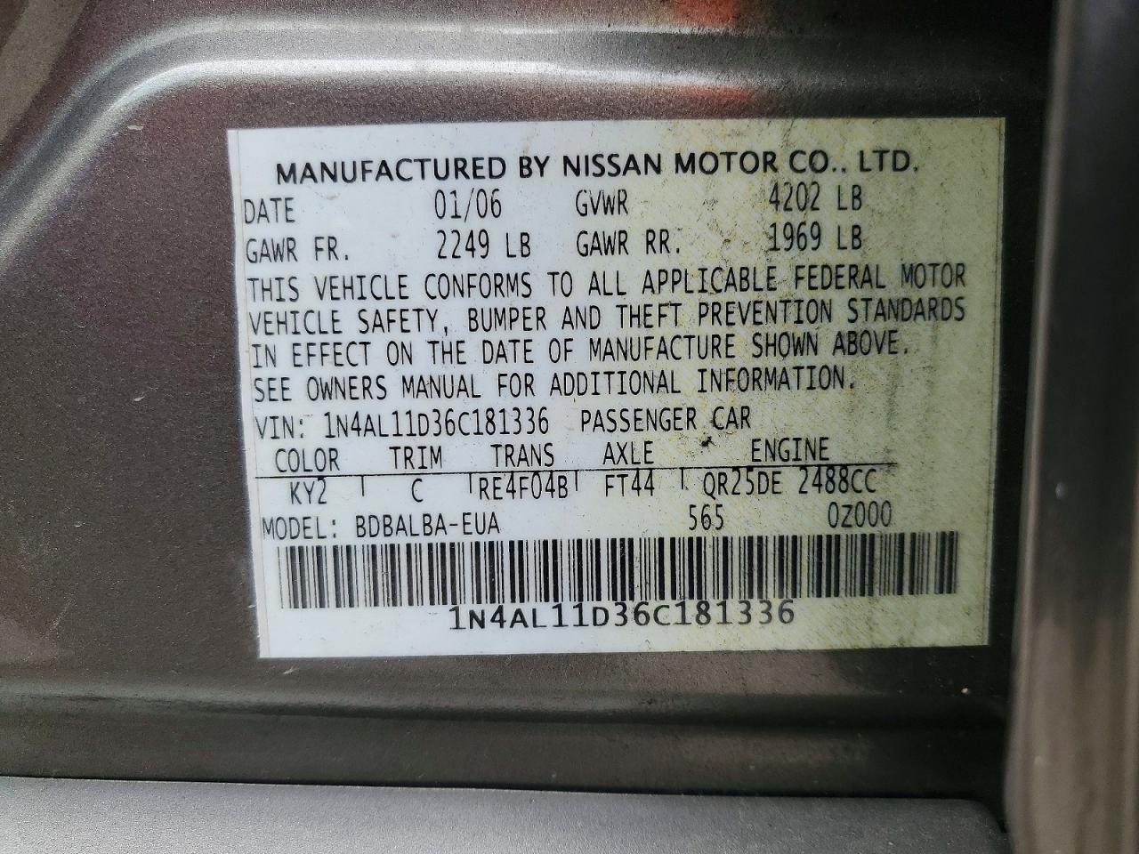 2006 Nissan Altima 2.5 Желто-коричневый vin: 1N4AL11D36C181336