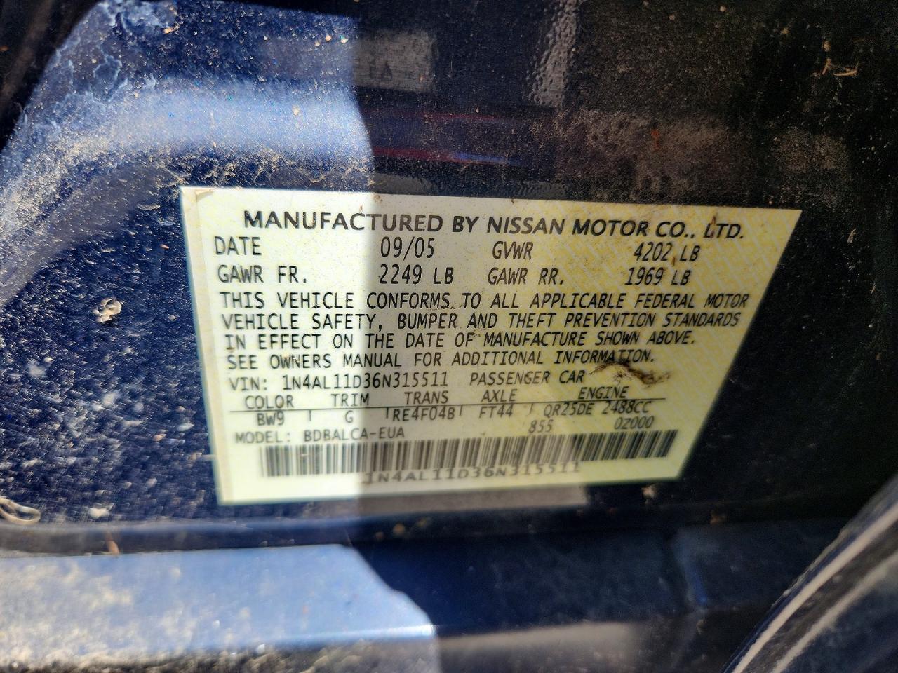 2006 Nissan Altima 2.5 Синий vin: 1N4AL11D36N315511