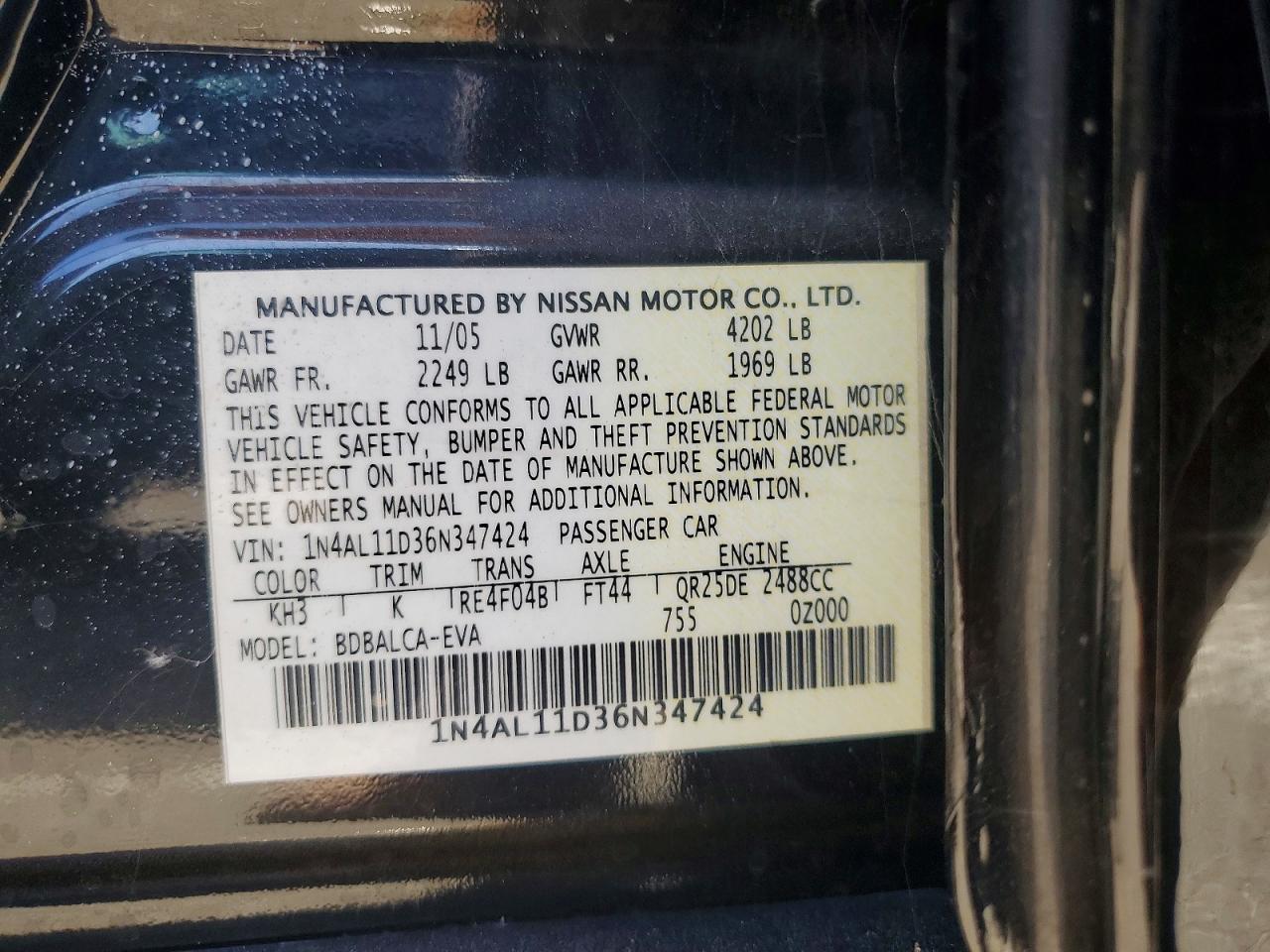 2006 Nissan Altima 2.5 Черный vin: 1N4AL11D36N347424