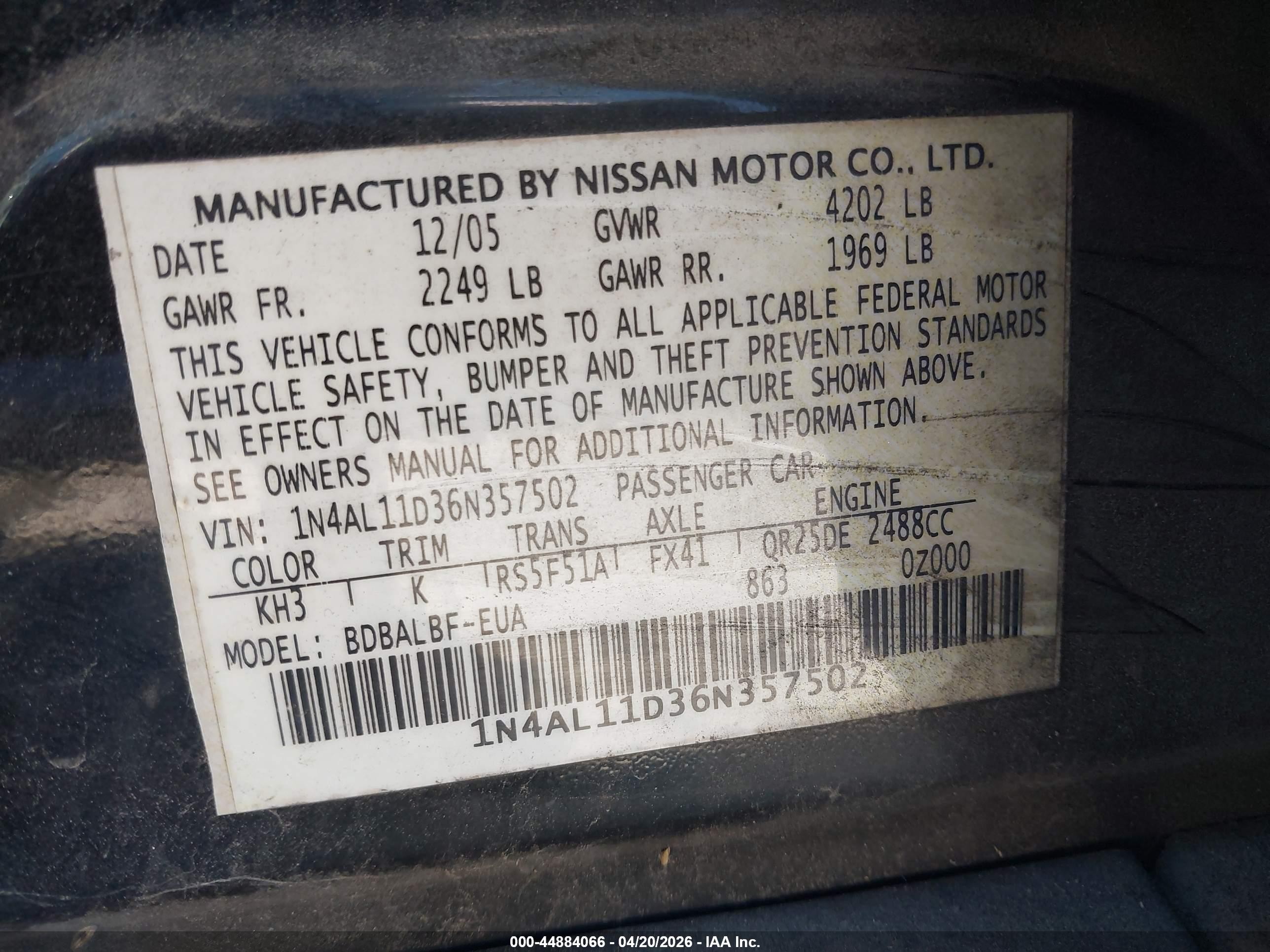 2006 Nissan Altima 2.5 S Black vin: 1N4AL11D36N357502