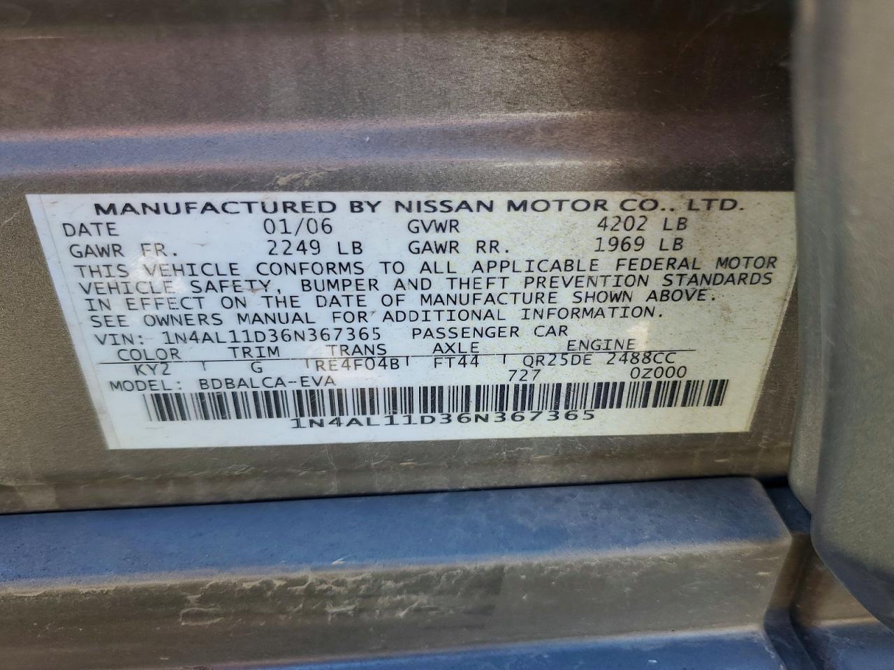 2006 Nissan Altima 2.5 White vin: 1N4AL11D36N367365