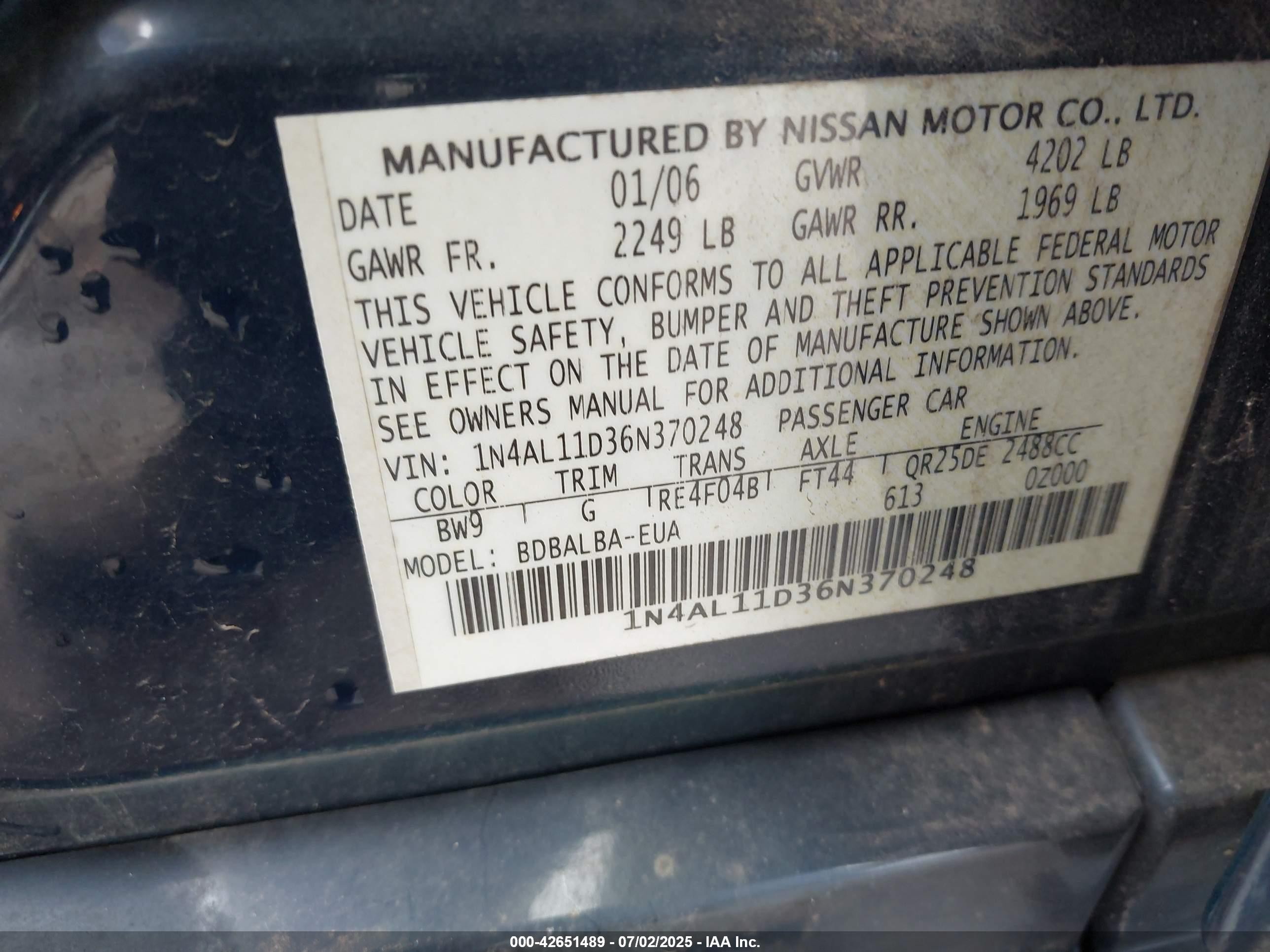 2006 Nissan Altima 2.5 S Blue vin: 1N4AL11D36N370248