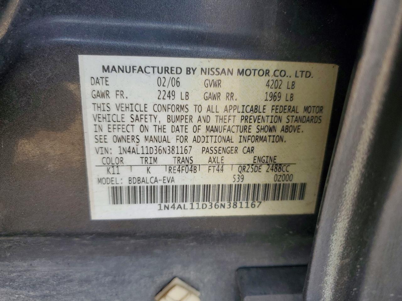 2006 Nissan Altima 2.5 Gray vin: 1N4AL11D36N381167