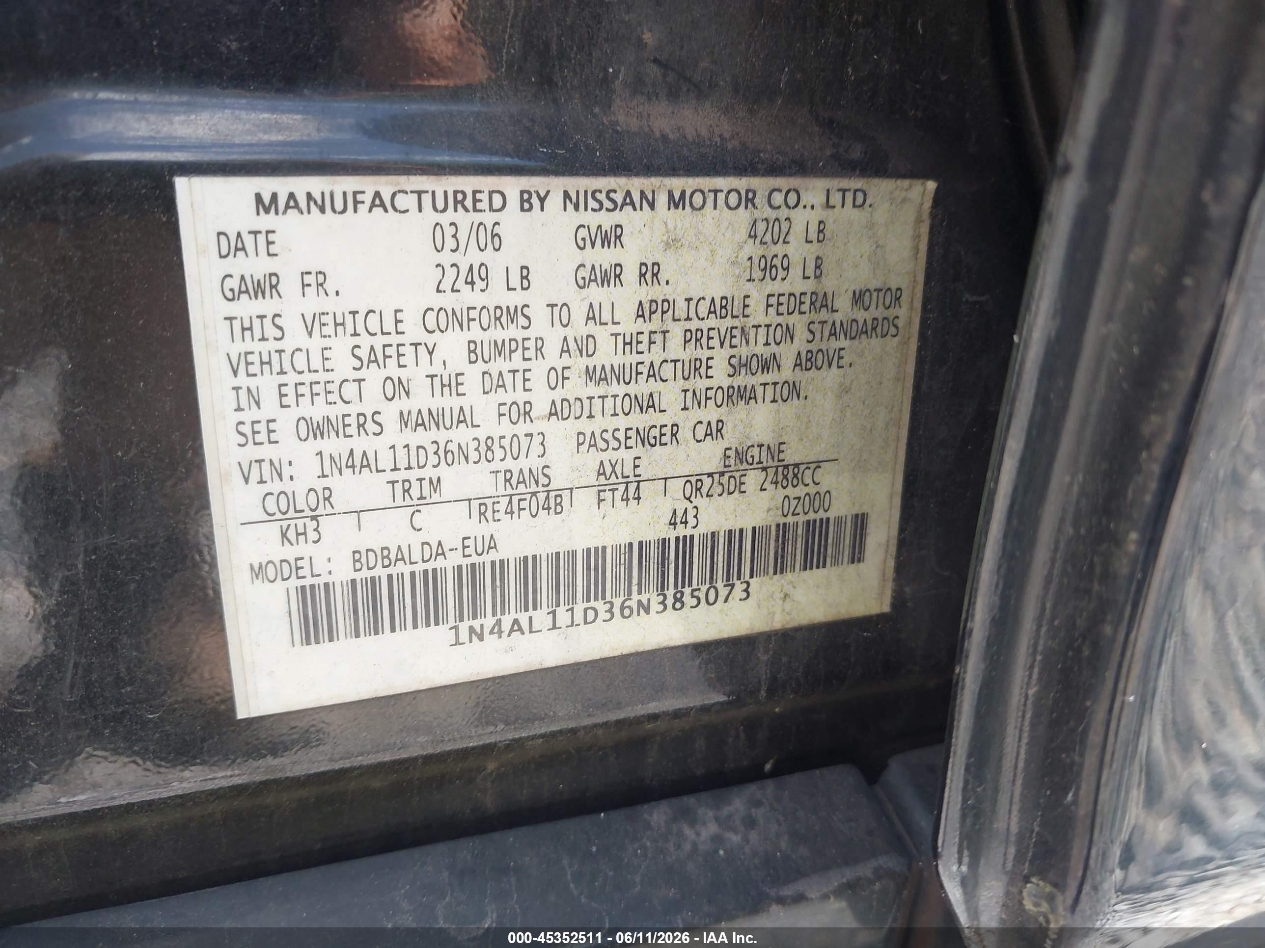 2006 Nissan Altima 2.5 S Black vin: 1N4AL11D36N385073