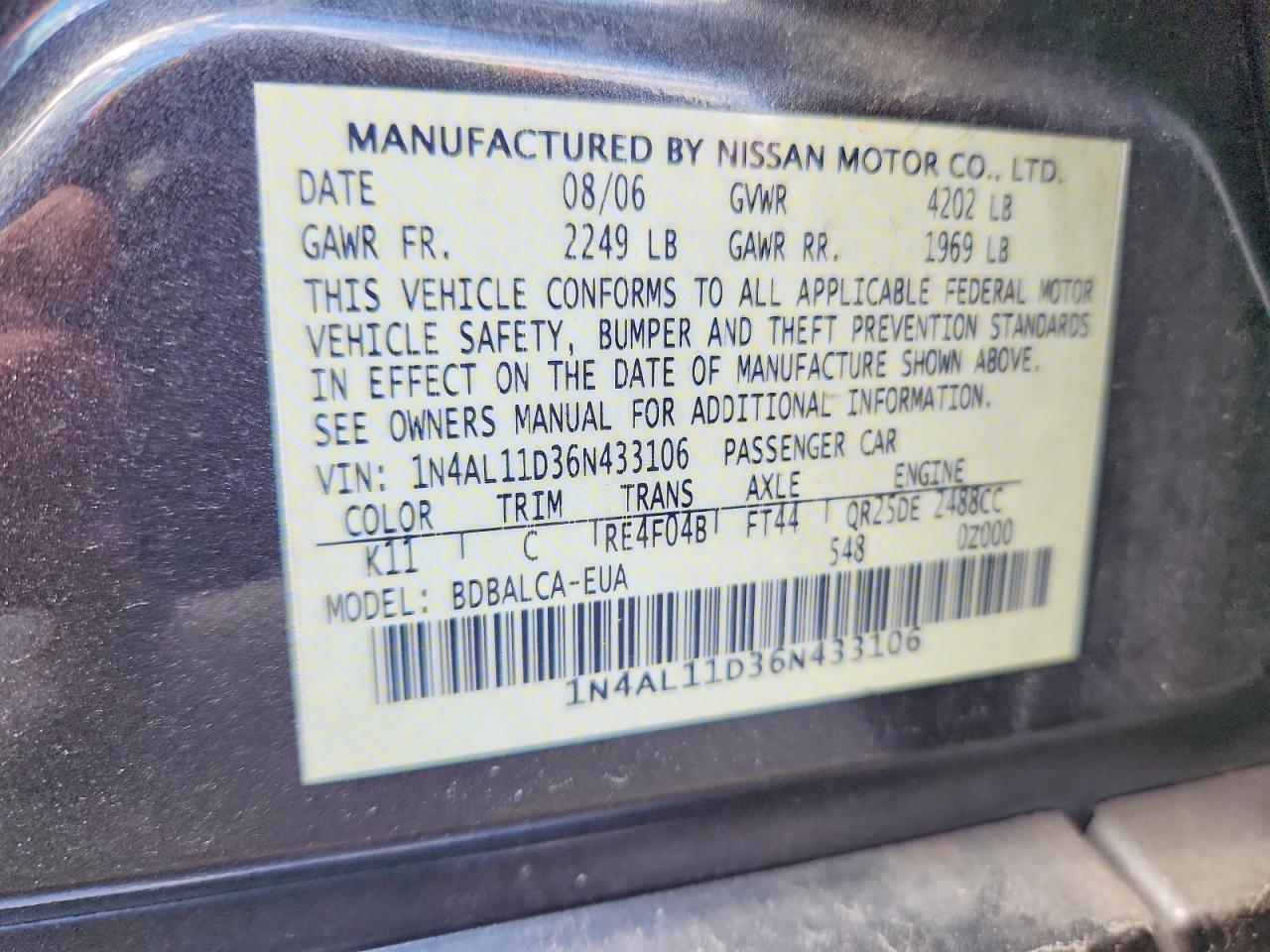 2006 Nissan Altima 2.5 Серый vin: 1N4AL11D36N433106