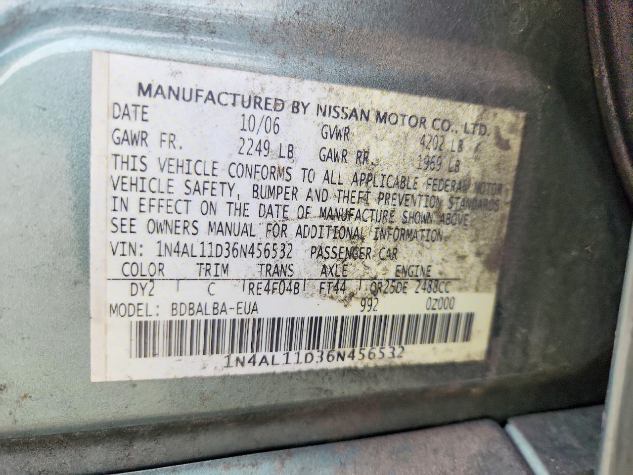 2006 Nissan Altima 2.5 Green vin: 1N4AL11D36N456532